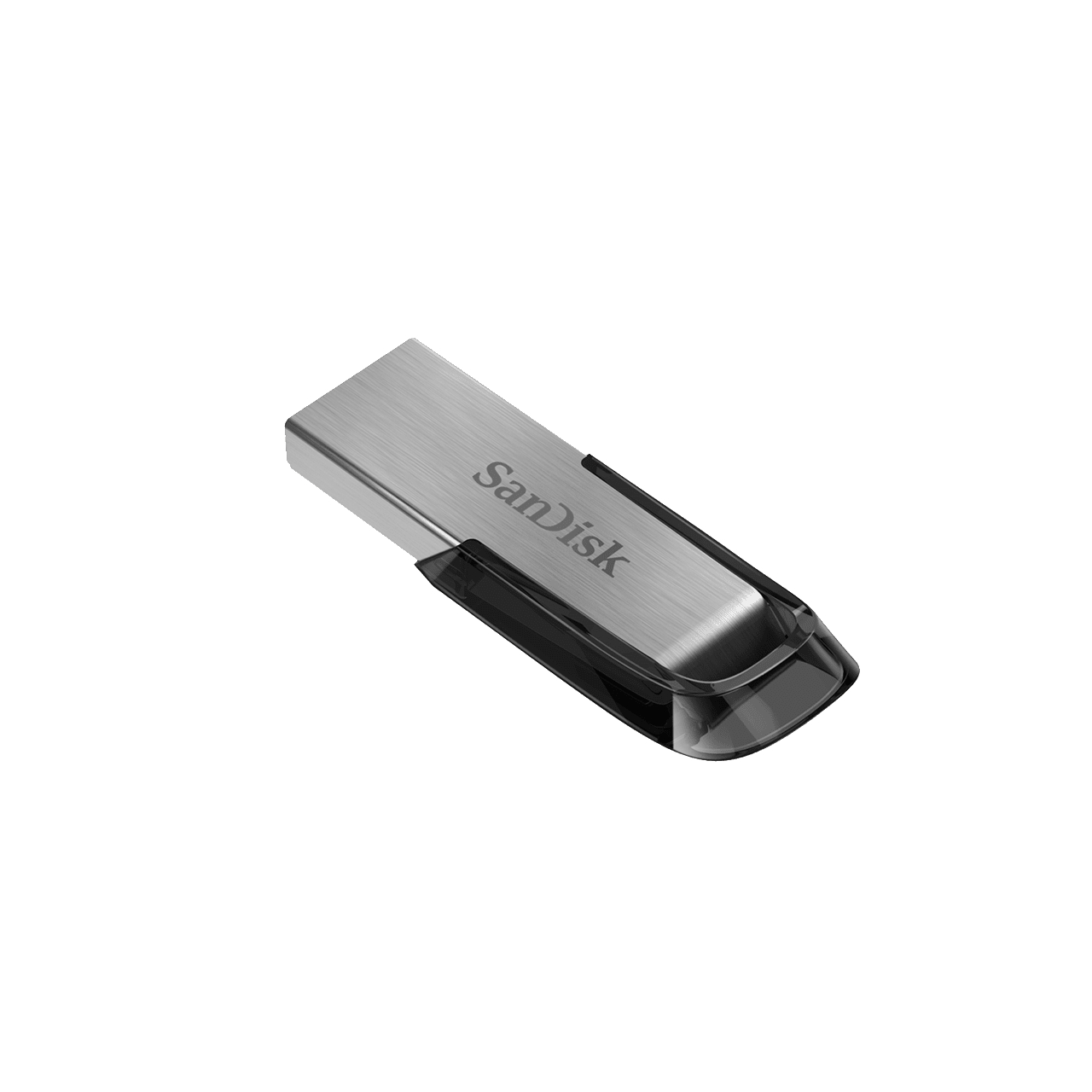 Ein silberner SanDisk USB-Stick mit schwarzem Boden, der vor weißem Hintergrund gezeigt wird.