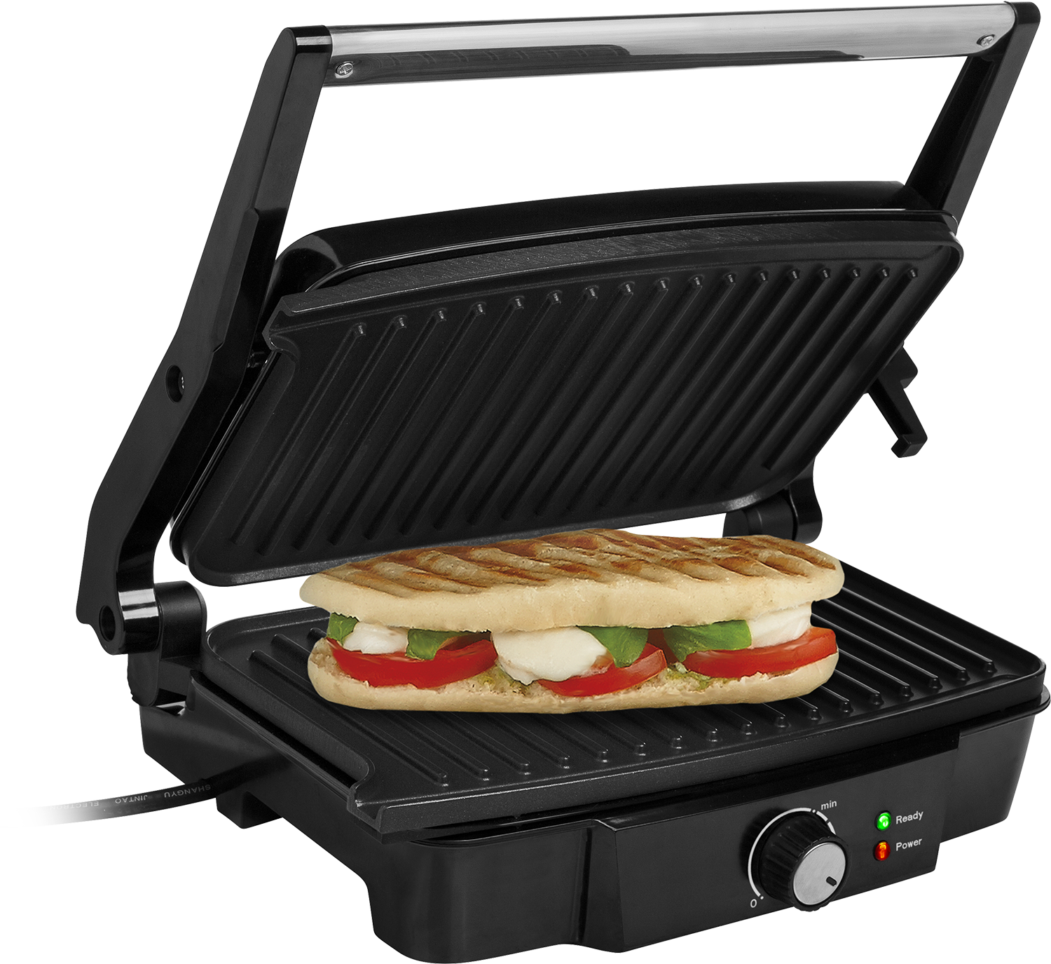 Black panini grill, open, with a sandwich inside, on a black background.