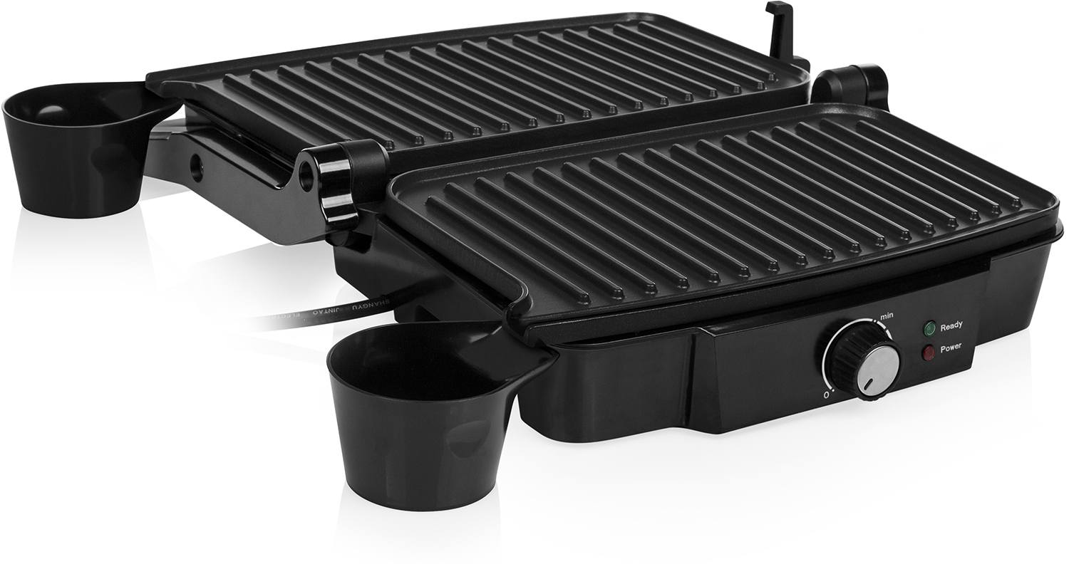 A black electric grill with two plates, control dial, and two grease cups.