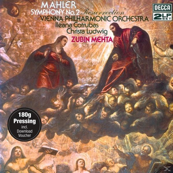 Mahler 2. szimfóniájának lemezborítója. A művészet vallási alakokat ábrázol festett stílusban, a művészeket azonosító szöveggel.