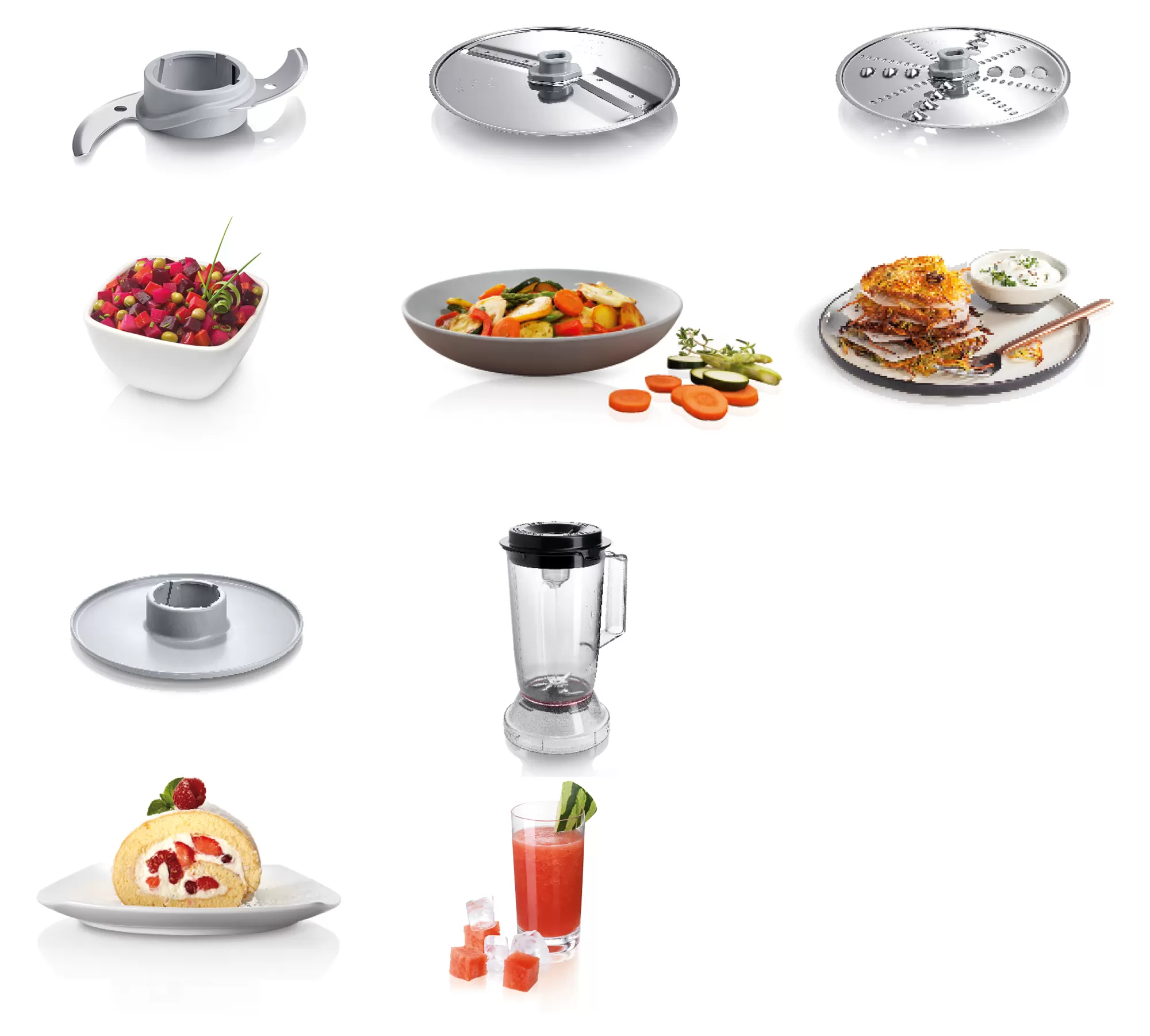 Assorted food items and kitchen appliance attachments displayed on a white surface.