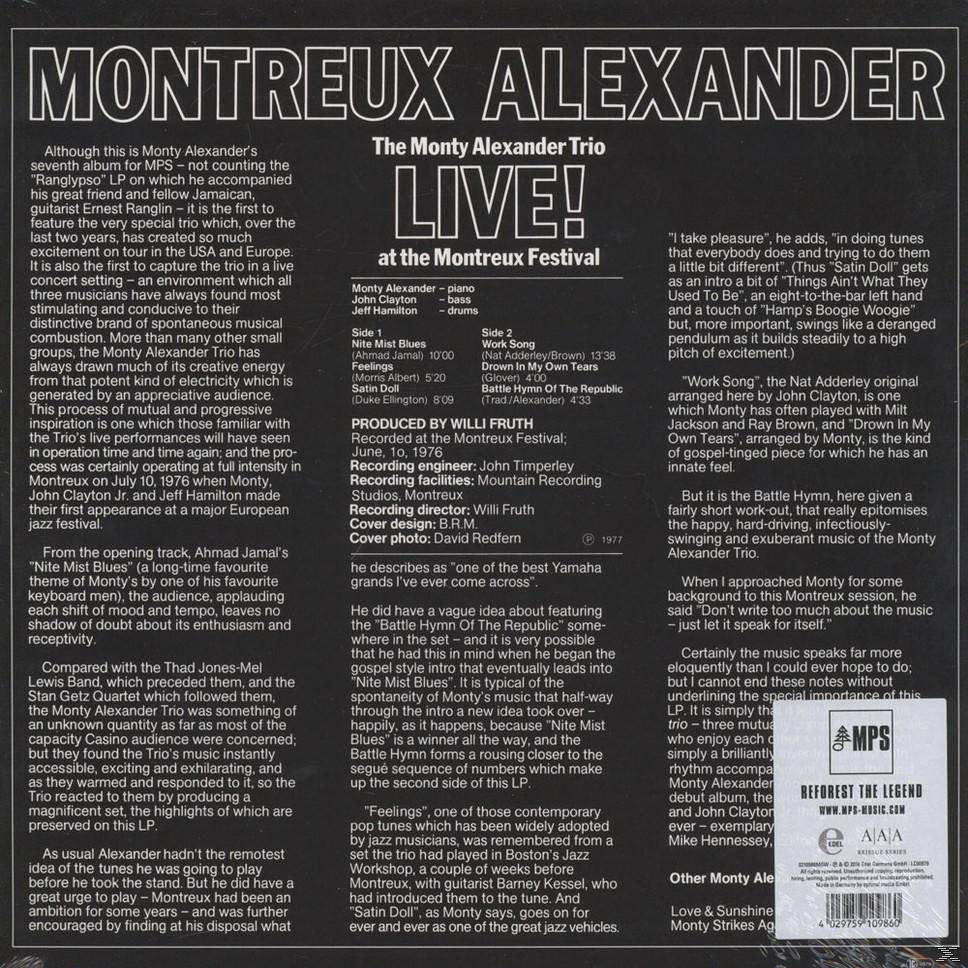 Ein Vintage-Vinyl-Schallplattencover für das Live-Album des Montreux Alexander Trios.