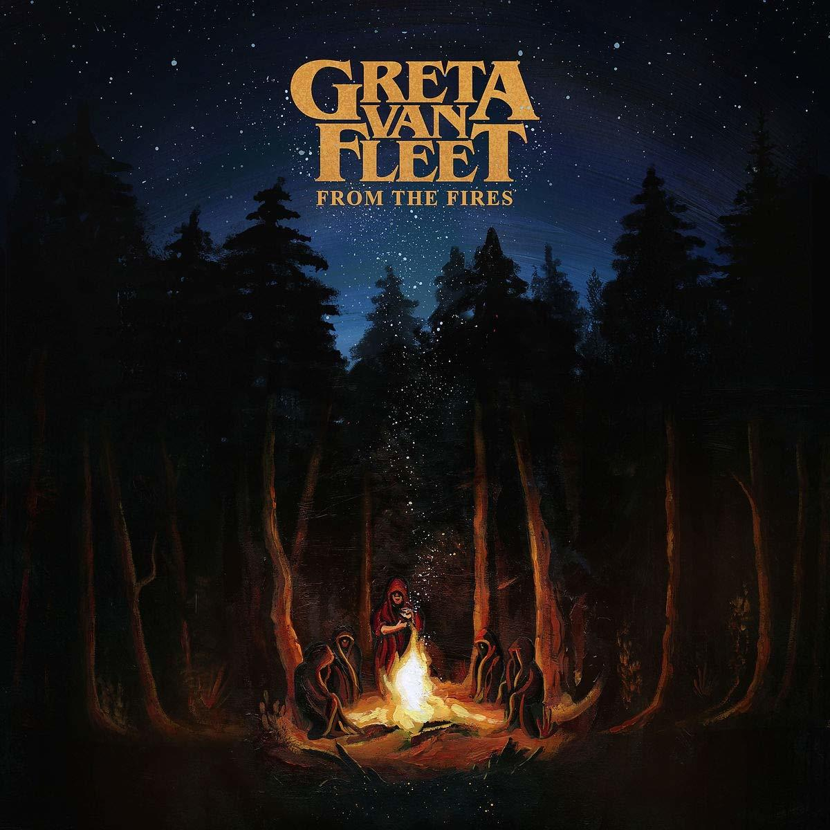 Albumcover einer Lagerfeuerszene in einem Wald bei Nacht unter sternenklarem Himmel.