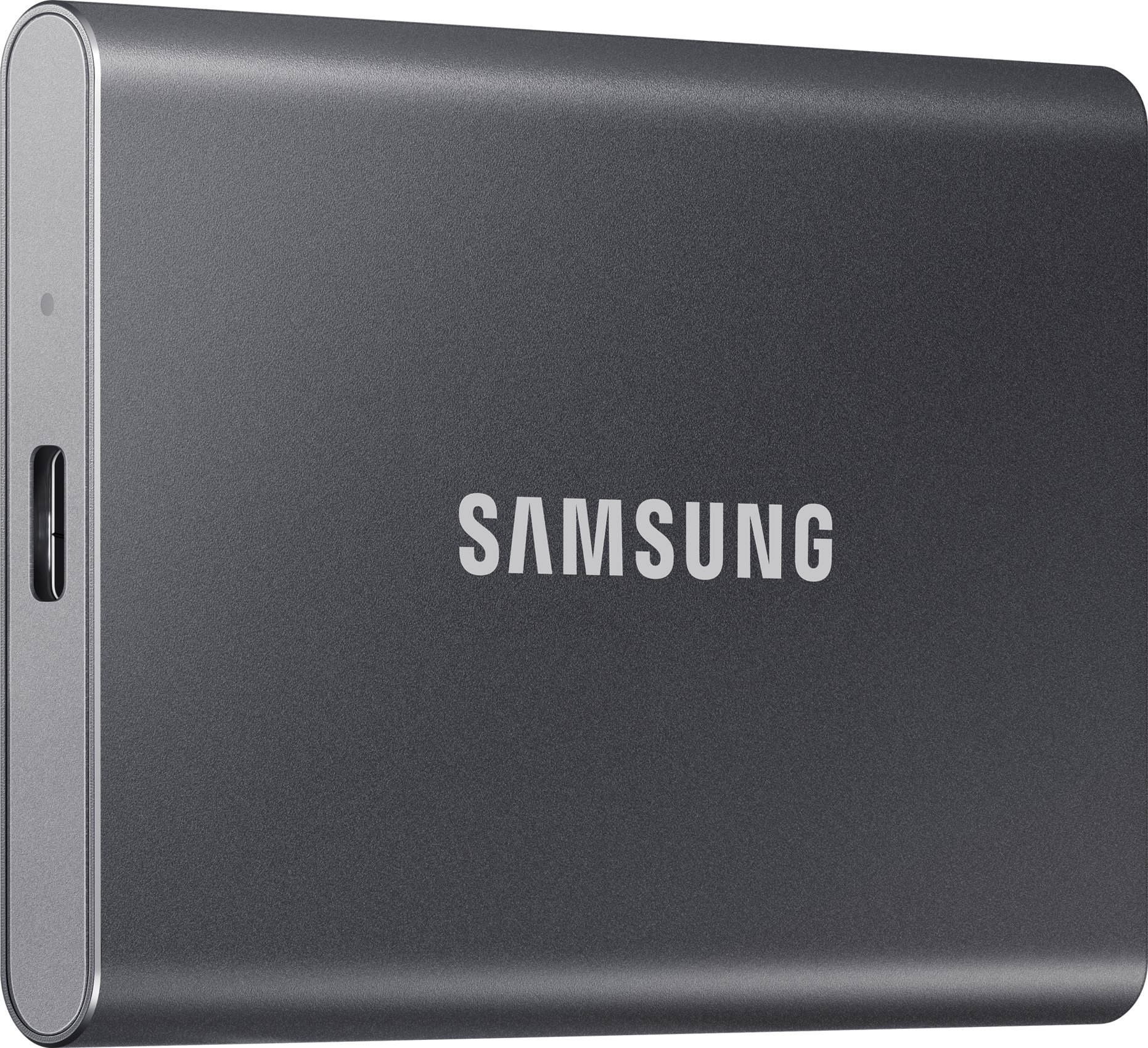 Un SSD portable Samsung gris foncé avec le nom de la marque.