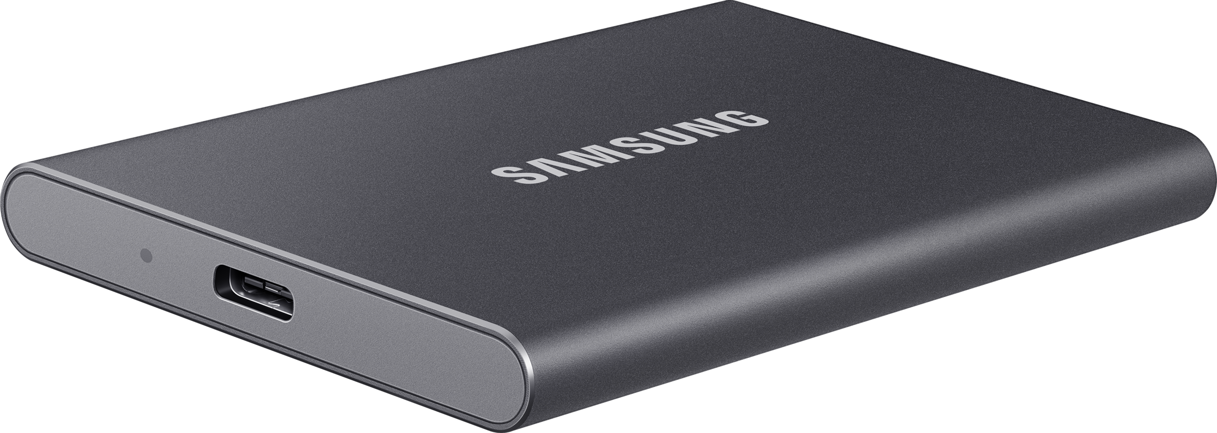 SSD portable Samsung gris foncé. Le nom de la marque est affiché sur le dessus.