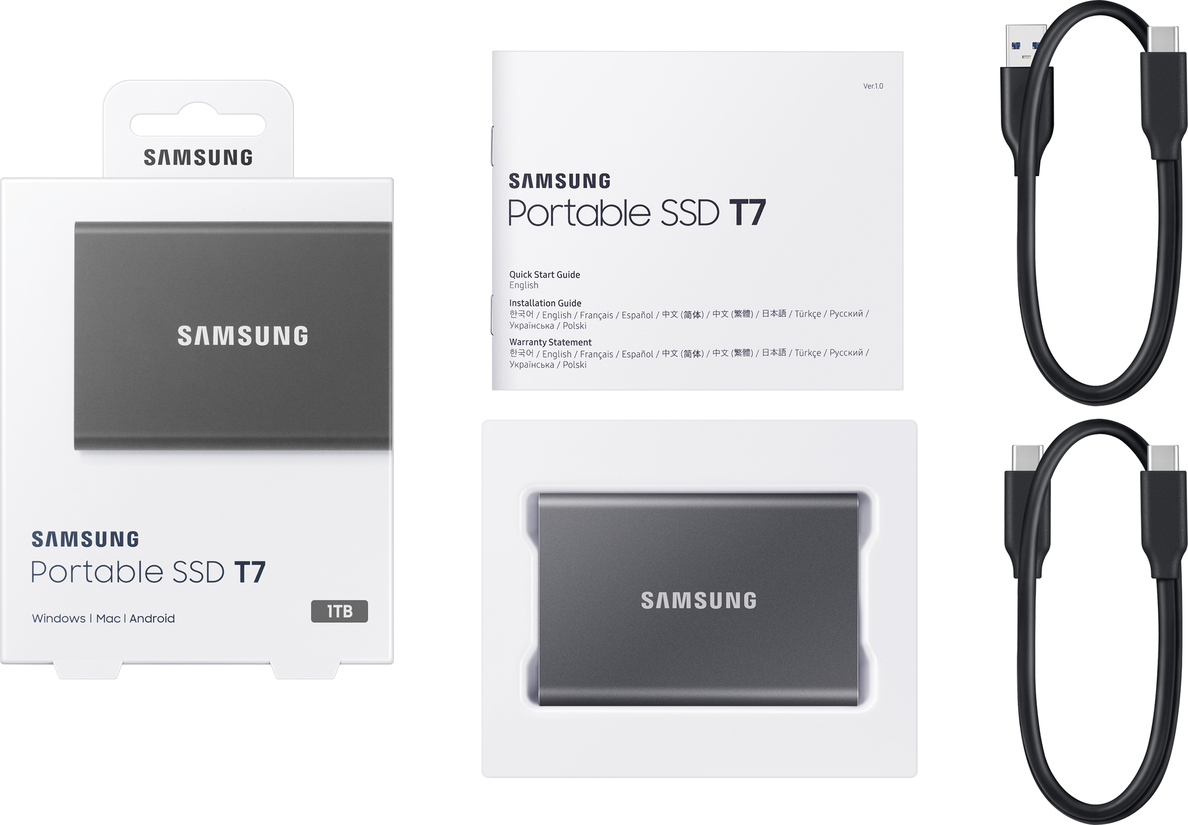 Samsung Portable SSD T7 : Boîte, disque dur, câbles et manuel.
