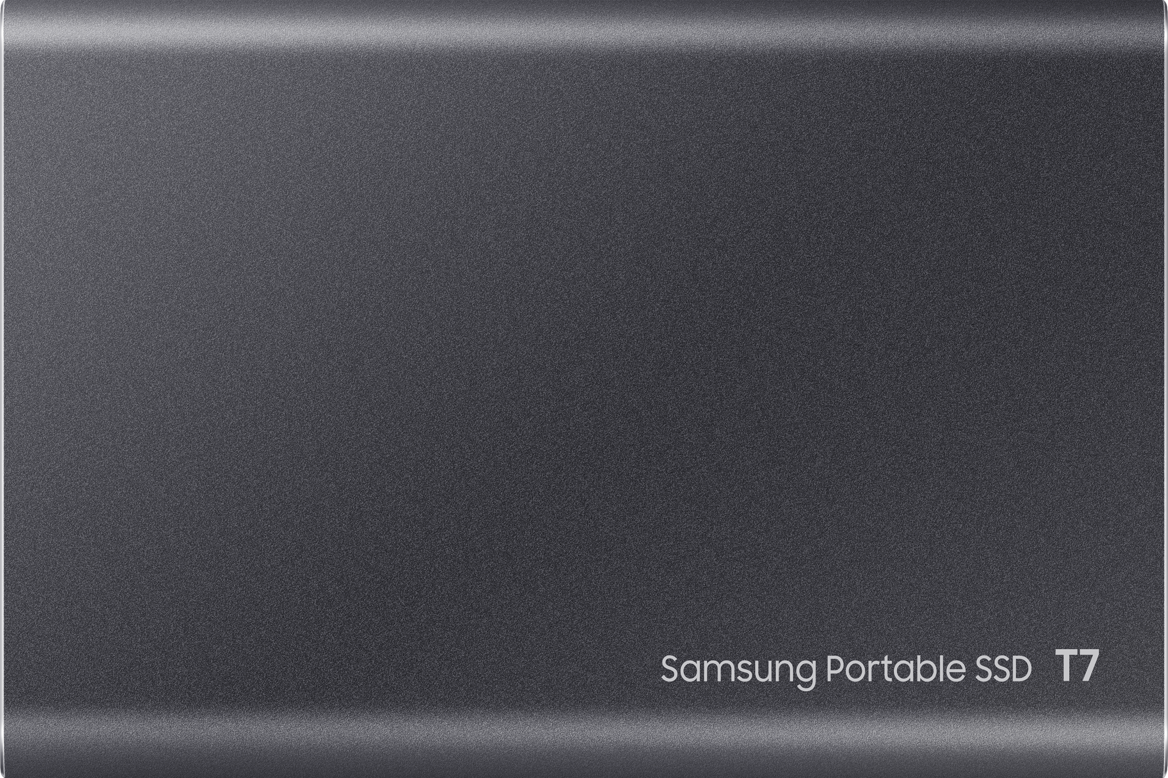 SSD portable Samsung T7 gris foncé. Le nom de la marque est en blanc en bas. Fond blanc.