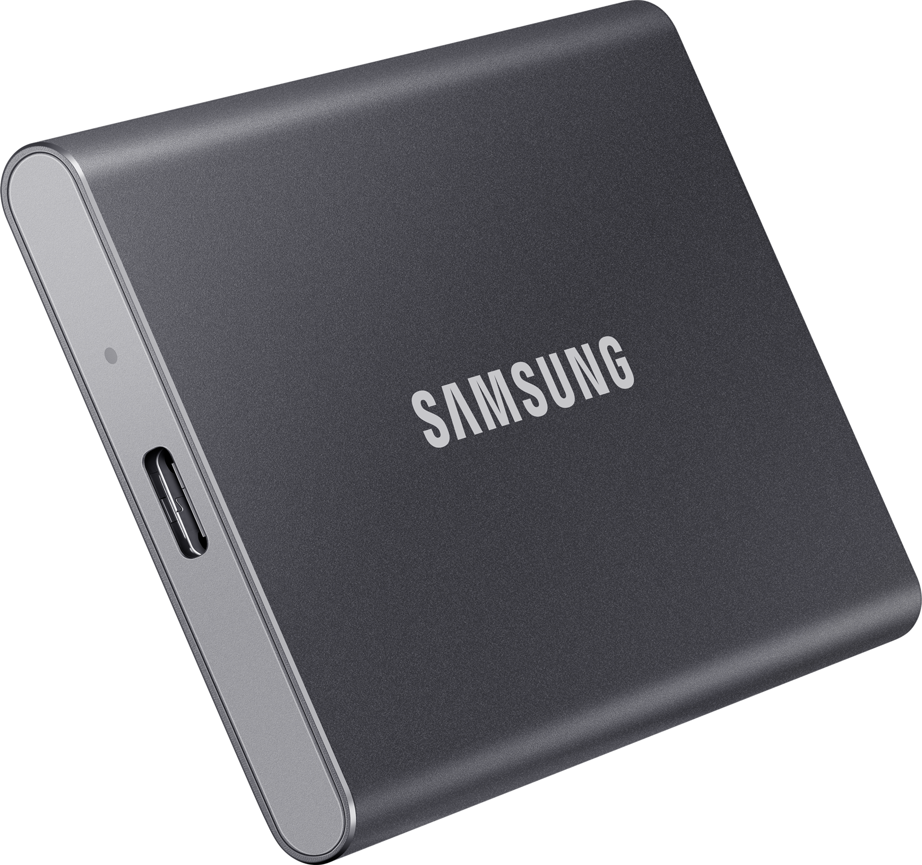 Disque dur externe Samsung gris foncé avec une bordure argentée, sur fond noir.
