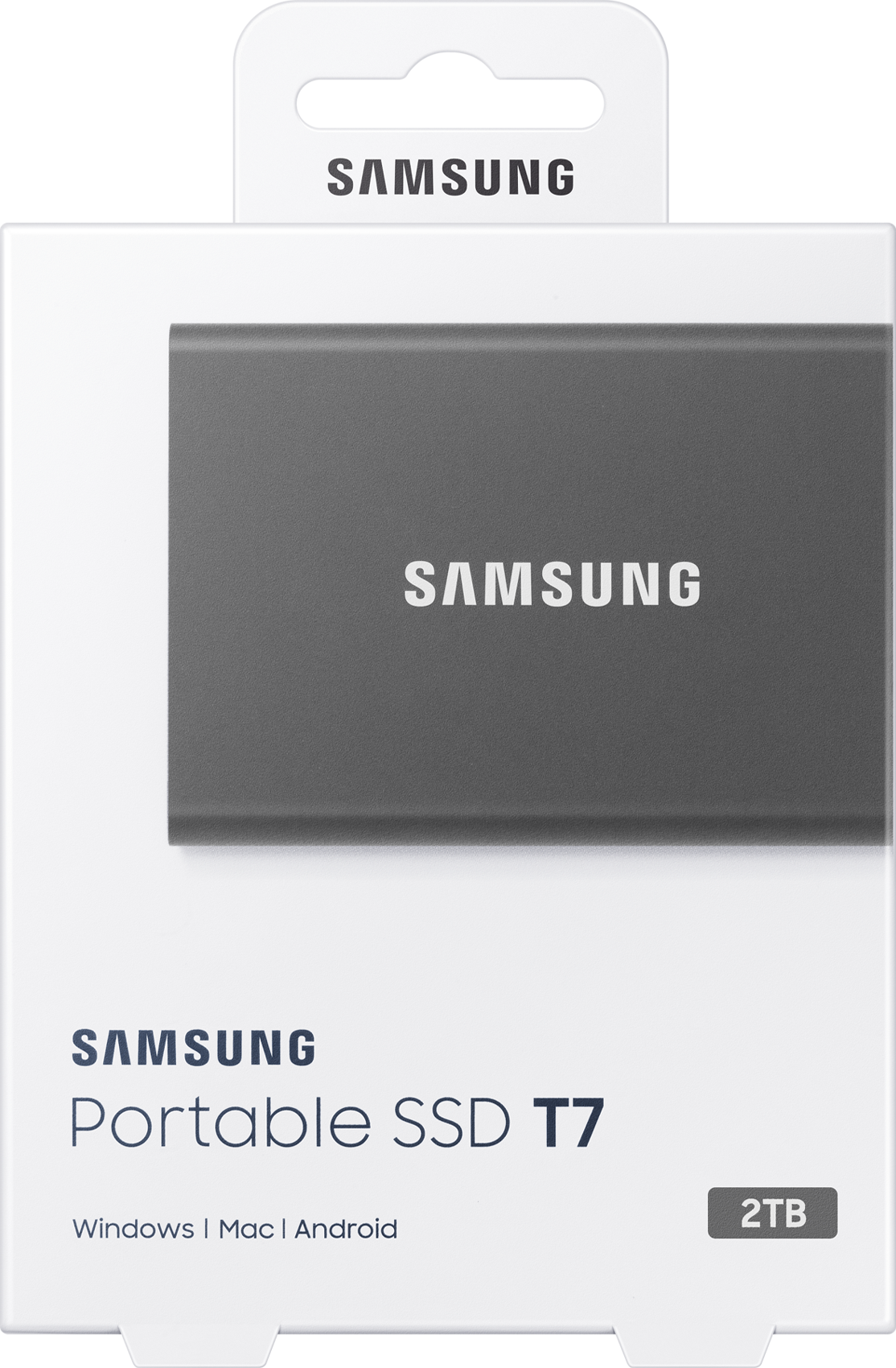 Samsung Portable SSD T7 dans une boîte blanche et grise avec une étiquette 2 To.