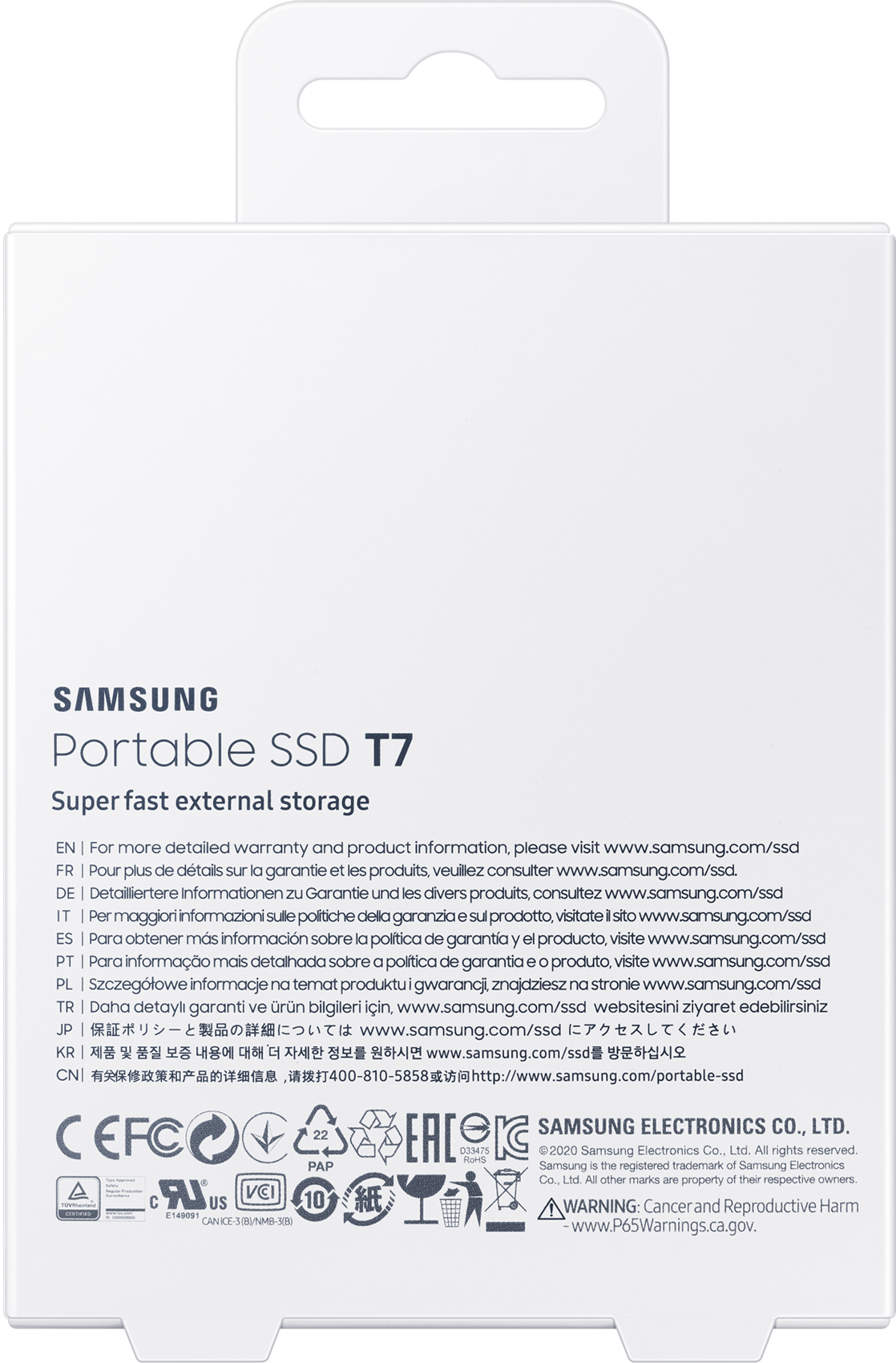 Le dos d'une boîte Samsung Portable SSD T7 avec du texte en plusieurs langues et des détails sur le produit.