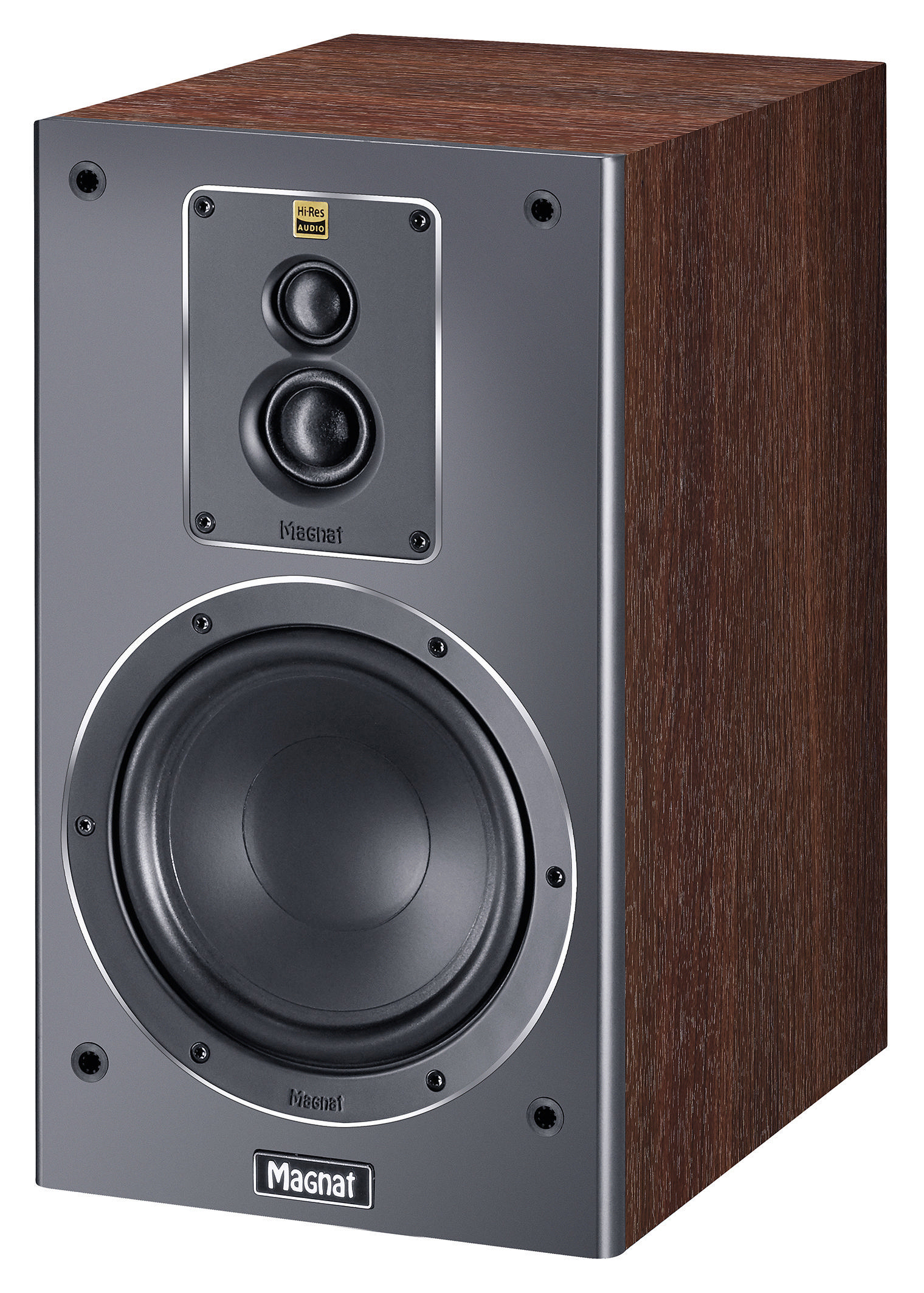 Ein HiFi-Lautsprecher, dunkelgraue Front, braune Holzseiten. Zwei Lautsprecherkegel und ein Hochtöner.