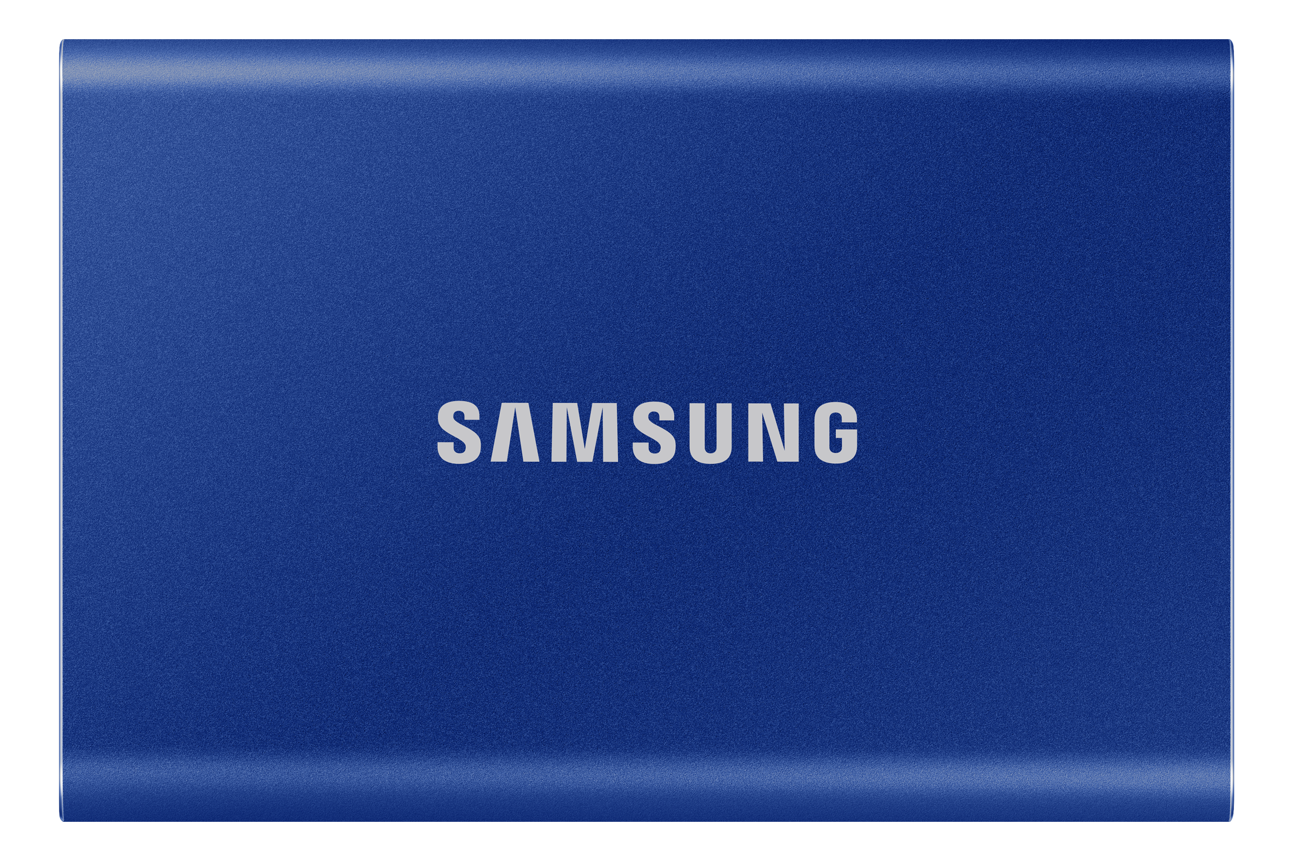 Blaue externe Festplatte von Samsung mit weißem 'SAMSUNG'-Logo, isoliert auf schwarzem Grund.