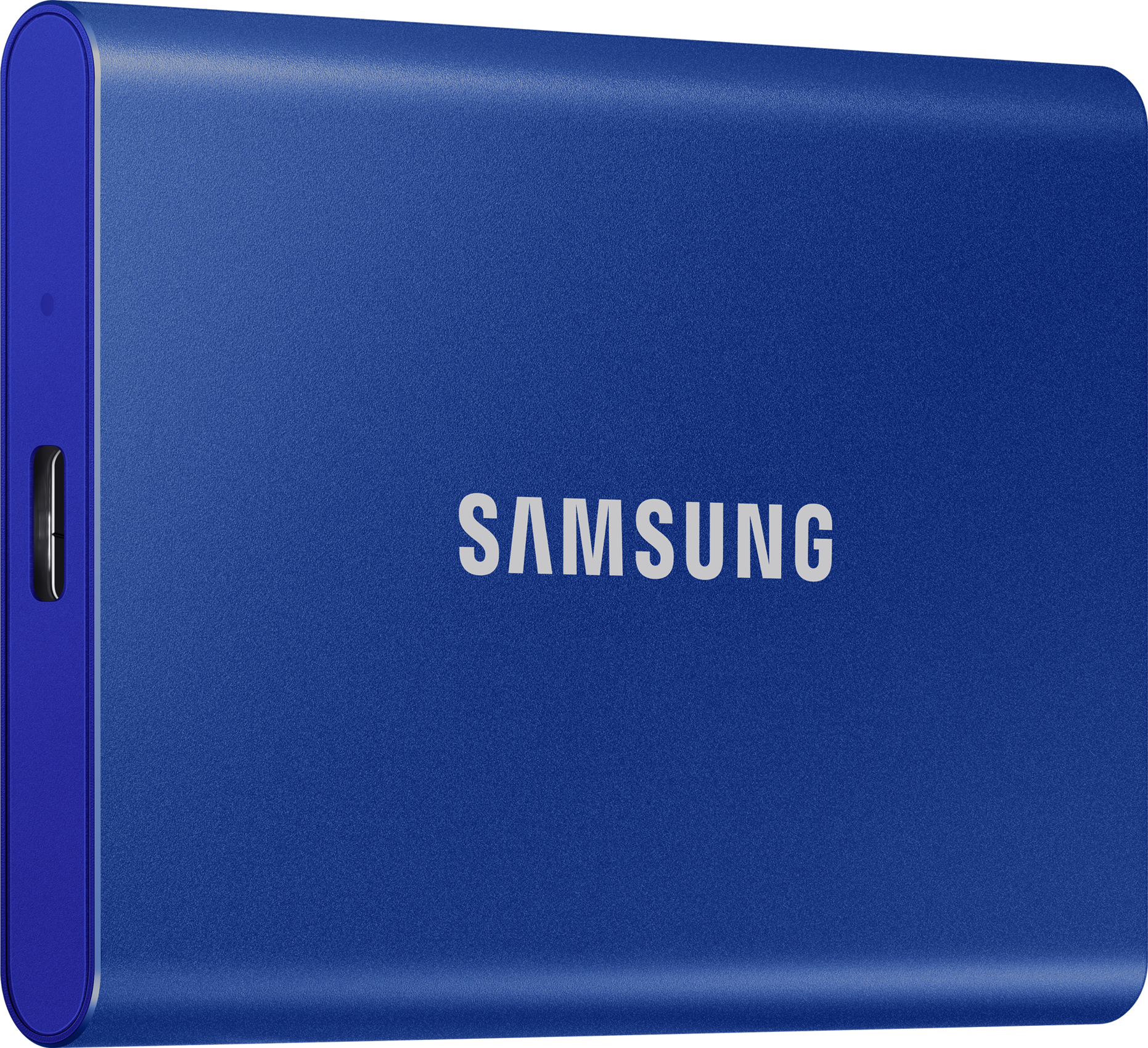 Eine blaue externe Festplatte von Samsung.