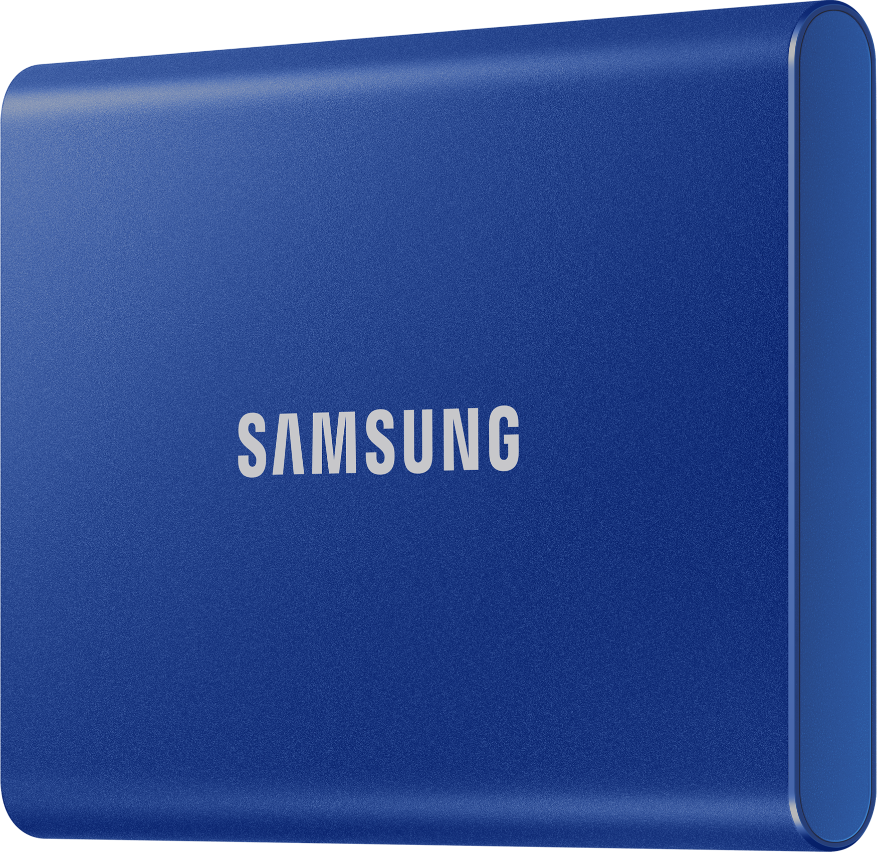 Eine blaue tragbare Festplatte von Samsung. Der Markenname ist darauf geschrieben.