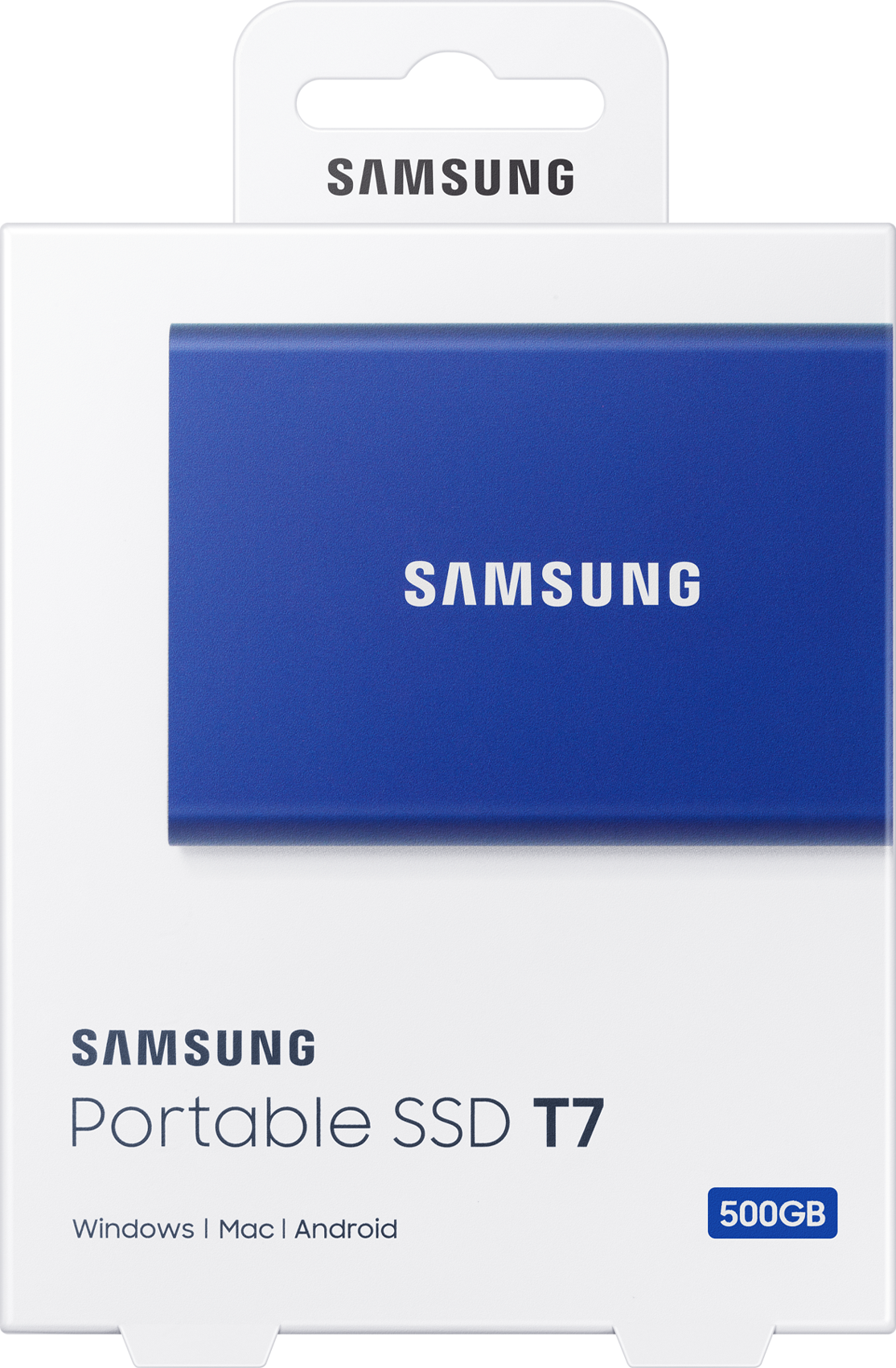 Eine blaue Samsung Portable SSD T7 Festplatte.