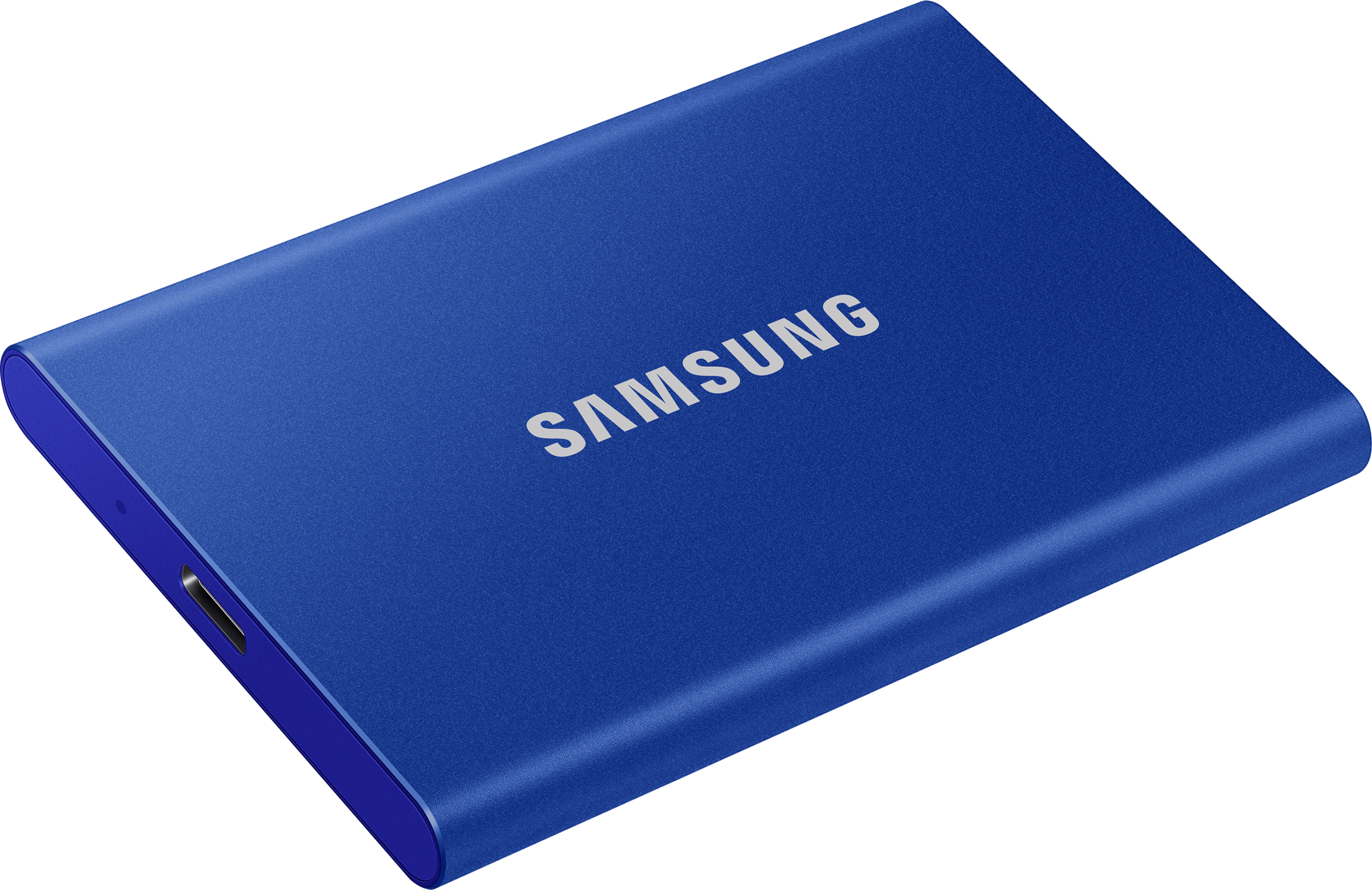 Un disque dur portable Samsung bleu sur fond noir.