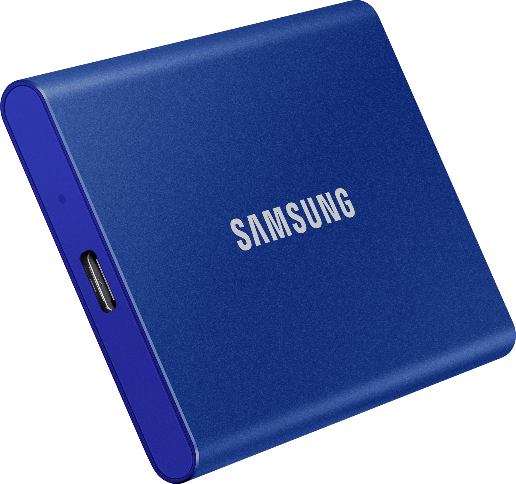 Disque dur externe Samsung bleu sur fond noir. Marque visible.
