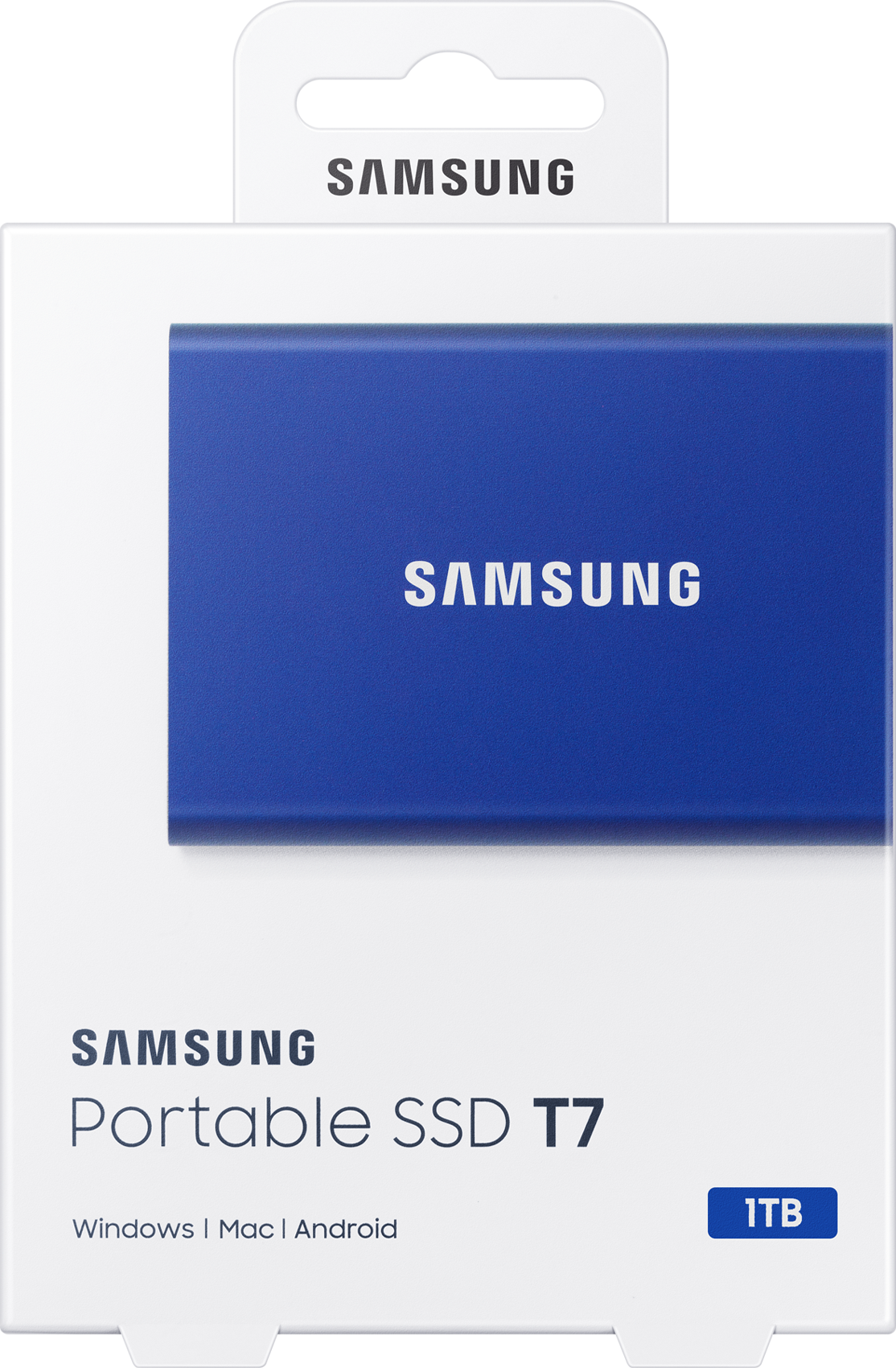 Paquet bleu Samsung Portable SSD T7. La boîte présente l'image et les détails du SSD. Fond blanc.