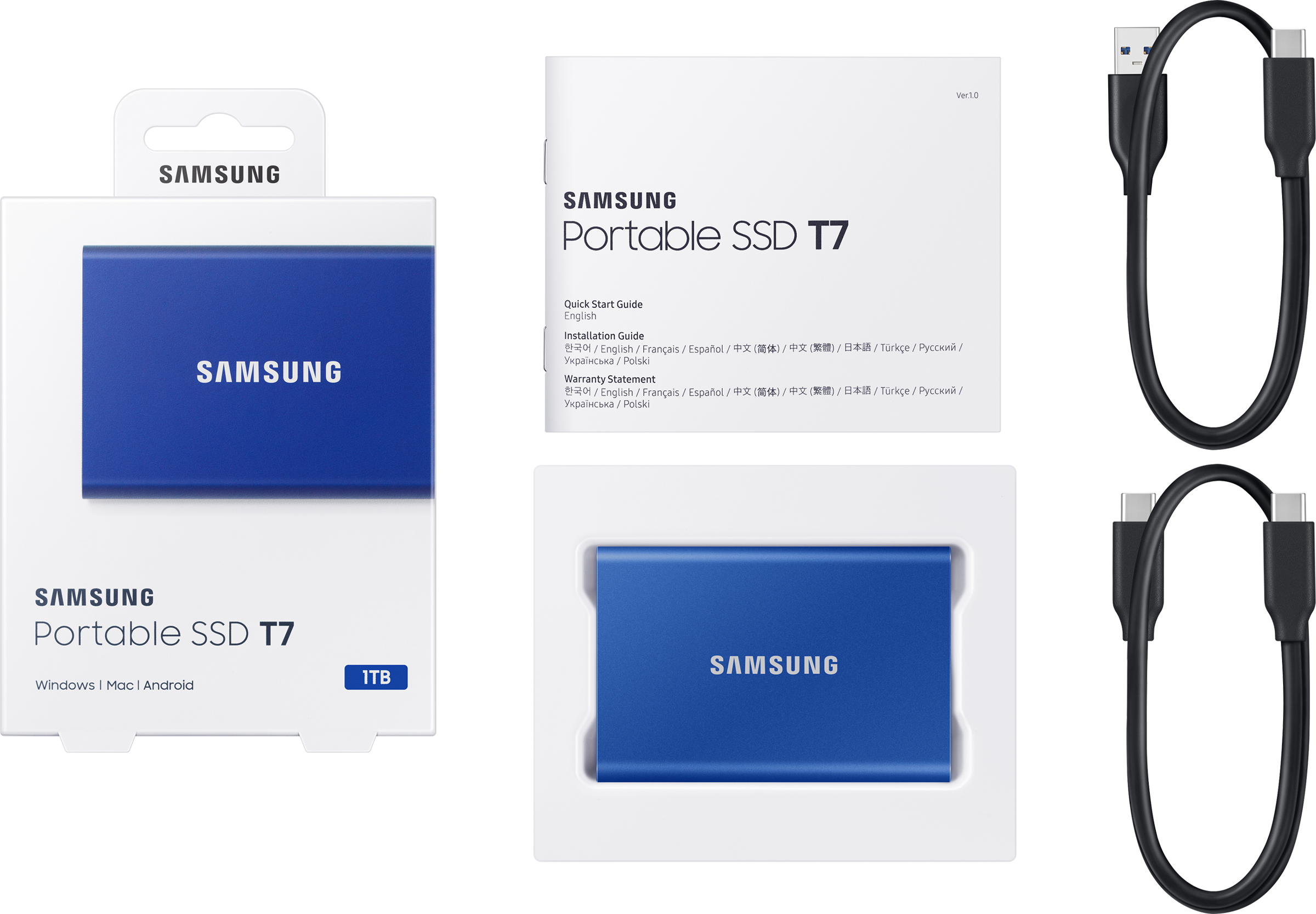Boîte avec un SSD bleu, des câbles et un manuel. Logo Samsung sur la boîte et le SSD.