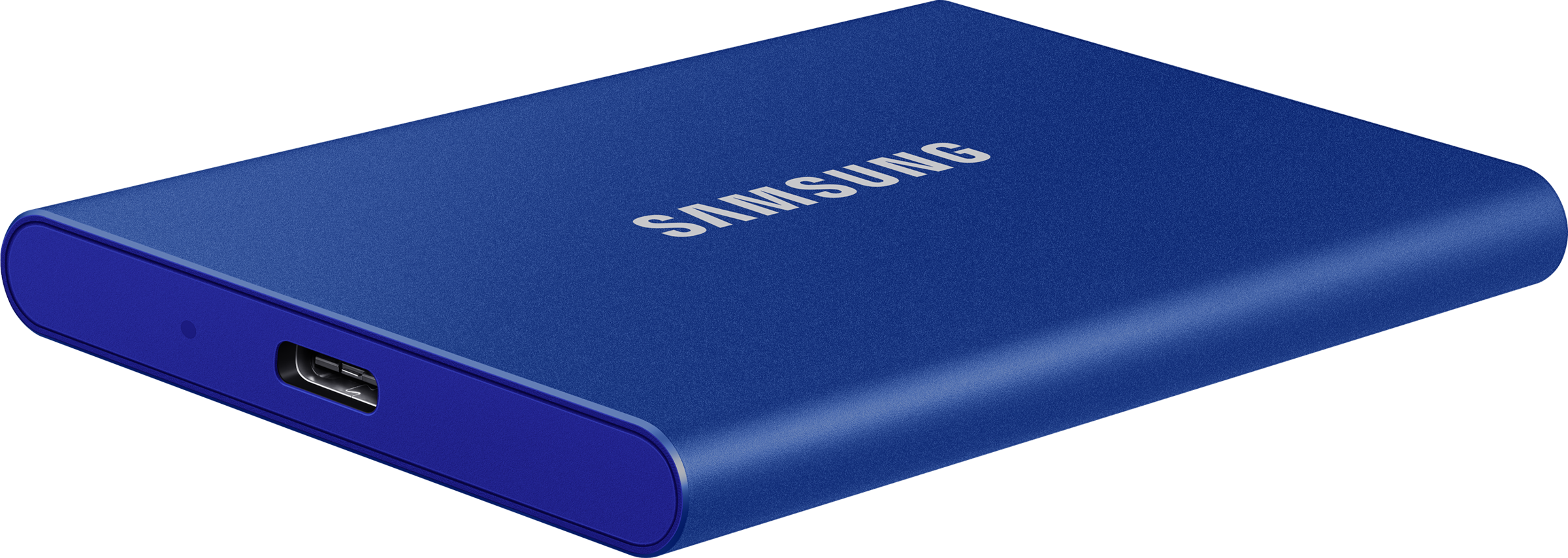 Blaue Samsung Portable SSD T7 mit sichtbar Logo.