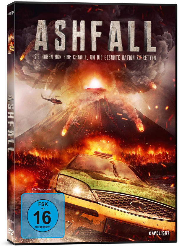 DVD-Cover mit brennendem Auto, Vulkanausbruch und Hubschrauber. Dramatische Szene.