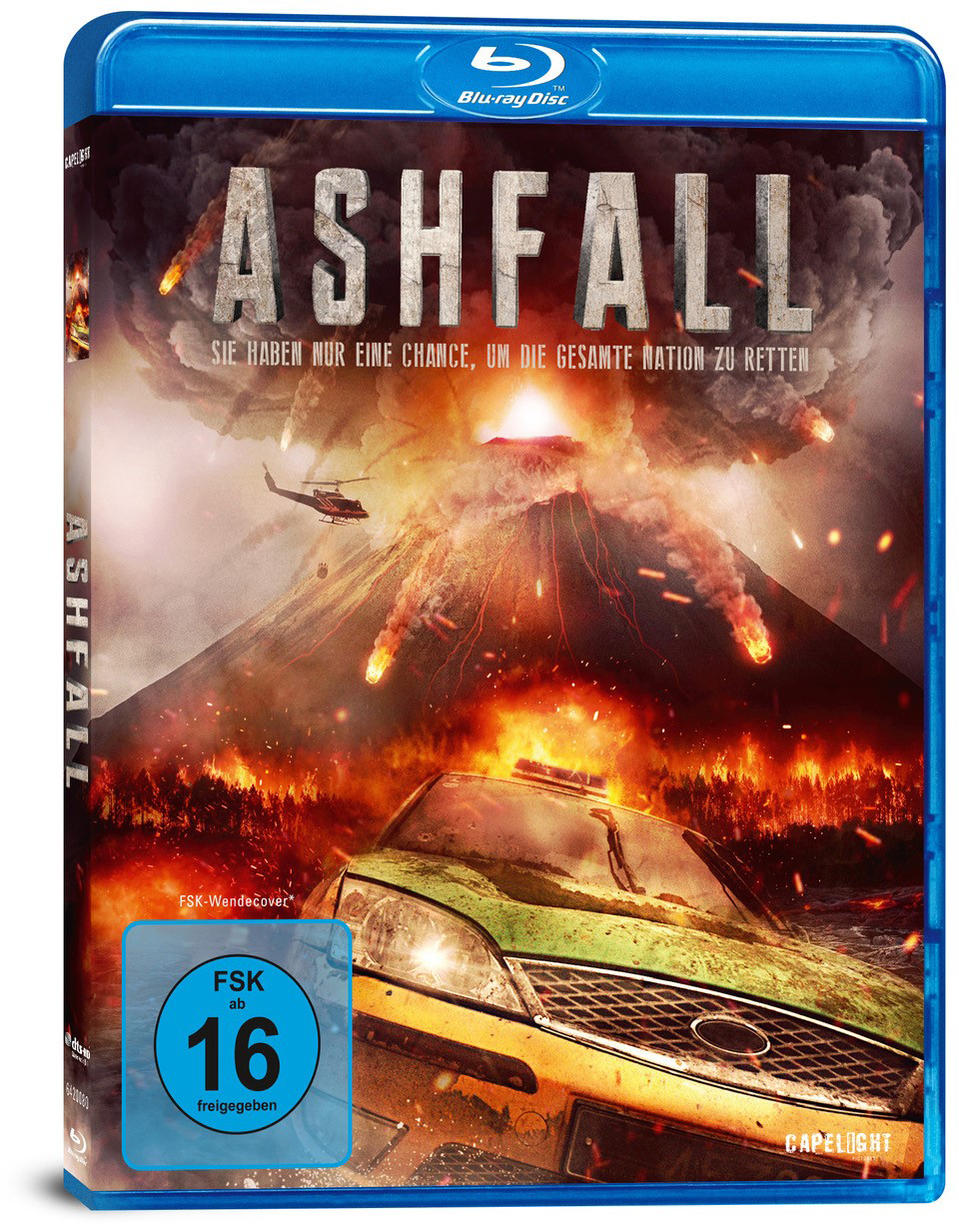 Eine Blu-ray-Disc-Hülle mit dem Film Ashfall, die ein brennendes Auto zeigt.