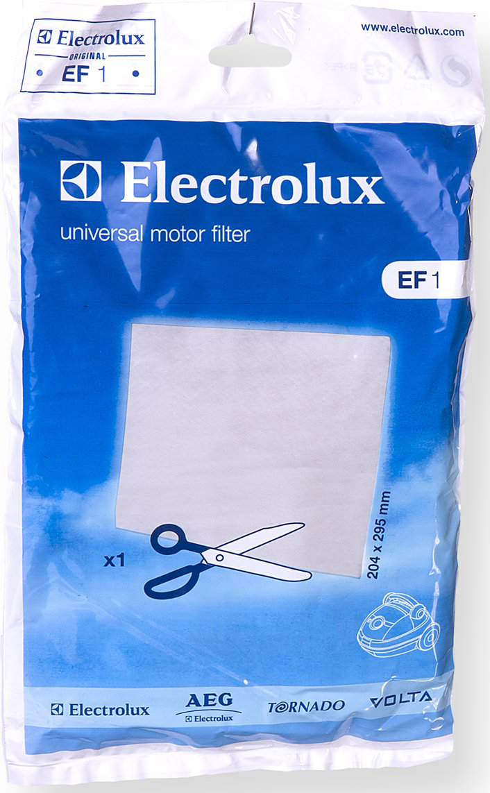 Electrolux motorszűrő műanyag zacskóban, olló ikonnal, fehér háttérrel, kék szöveggel.