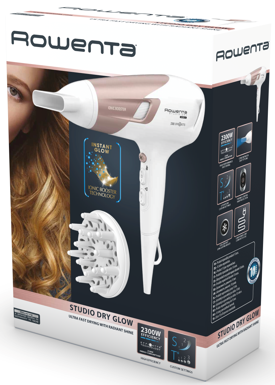 Rowenta Föhnbox mit Bild einer Frau mit blonden Haaren und Produktdetails.