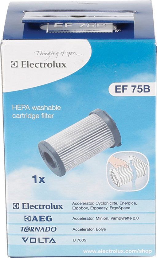 Electrolux szűrődoboz a szűrő közeli képével. Kék és fehér színvilág.