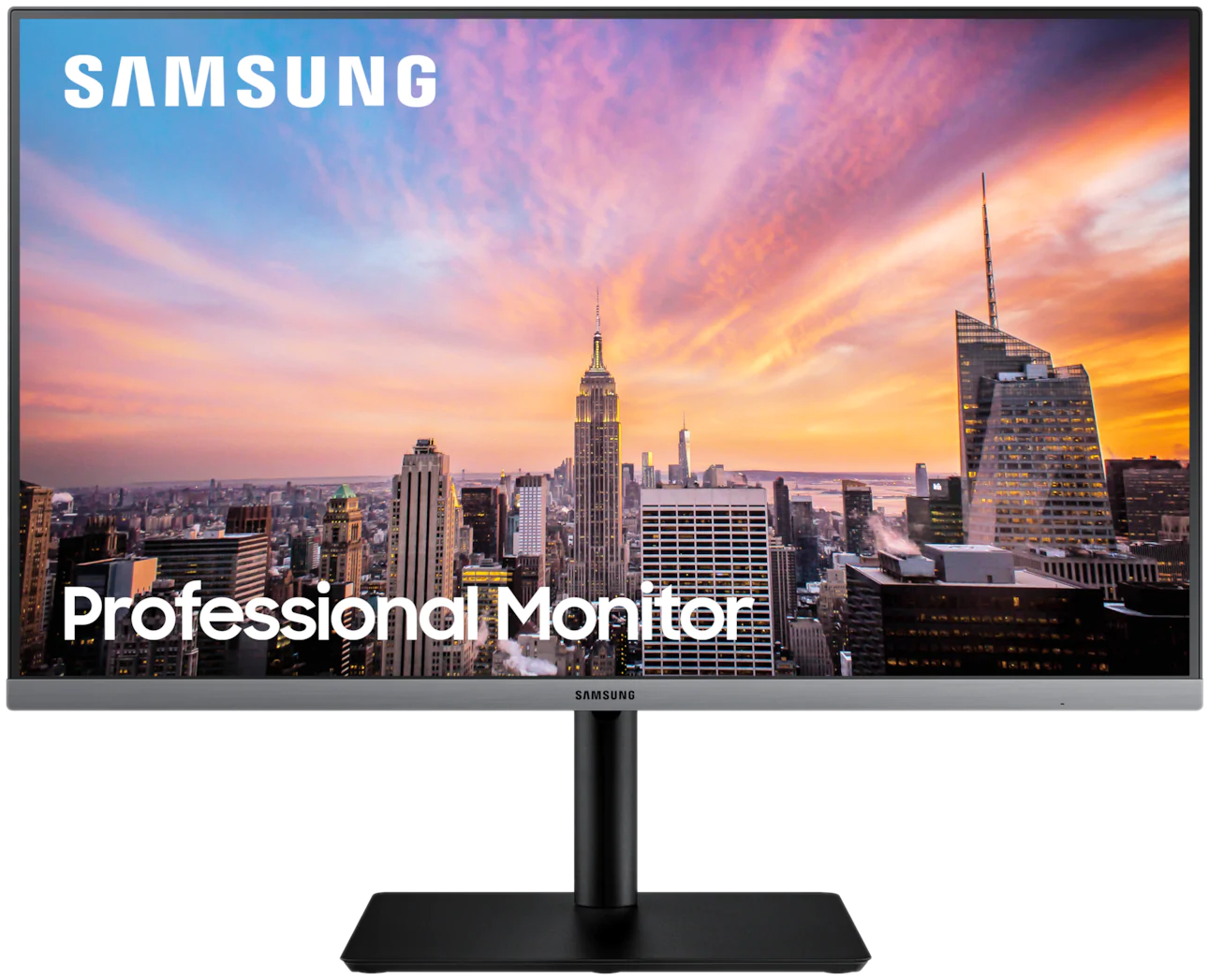 Samsung Professional Monitor. Stadsgezicht achter de monitor. Zwarte standaard en voet.