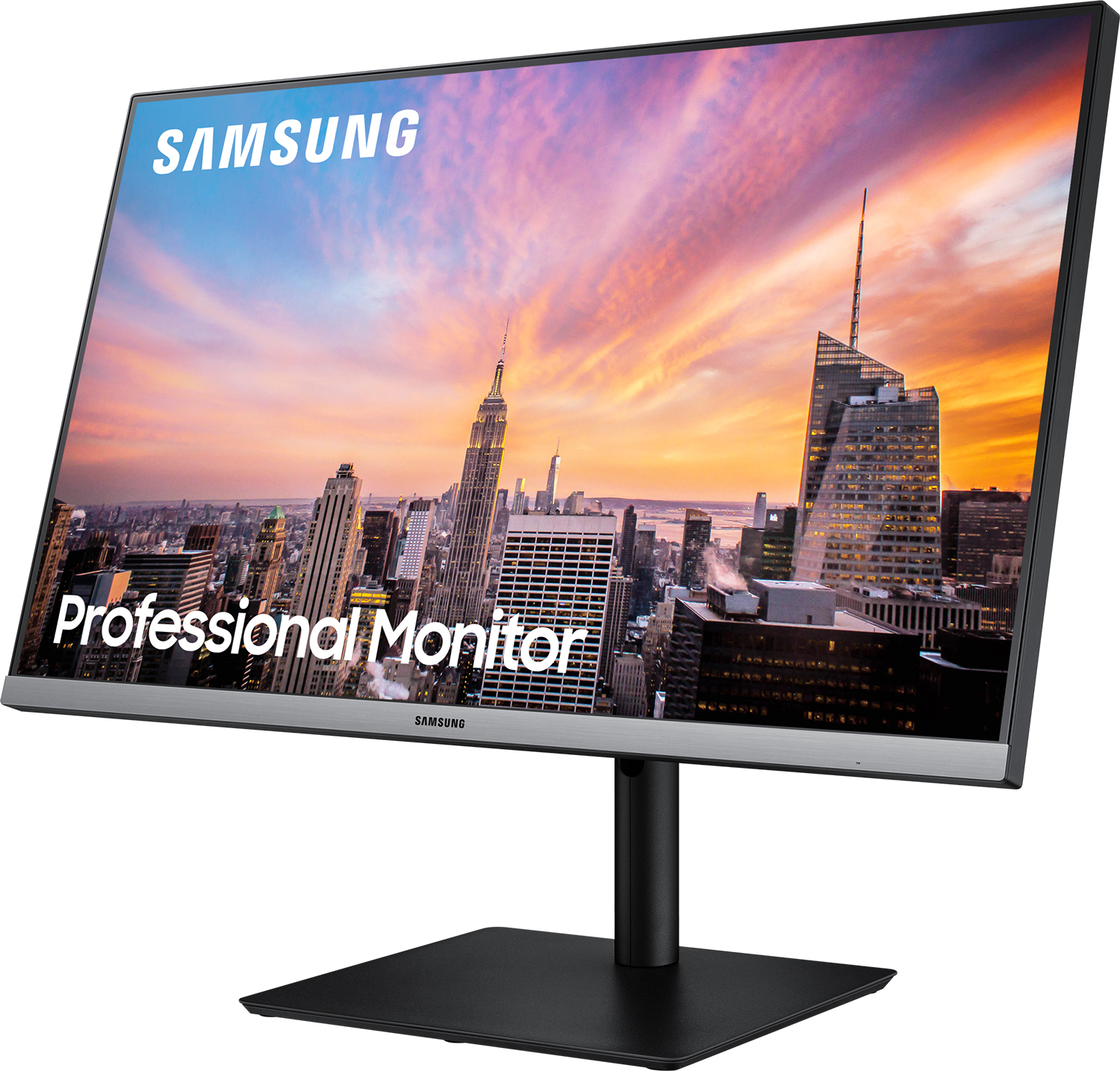 Een monitor met een stadsgezicht. Het is een Samsung Professional Monitor. Skyline op de achtergrond.