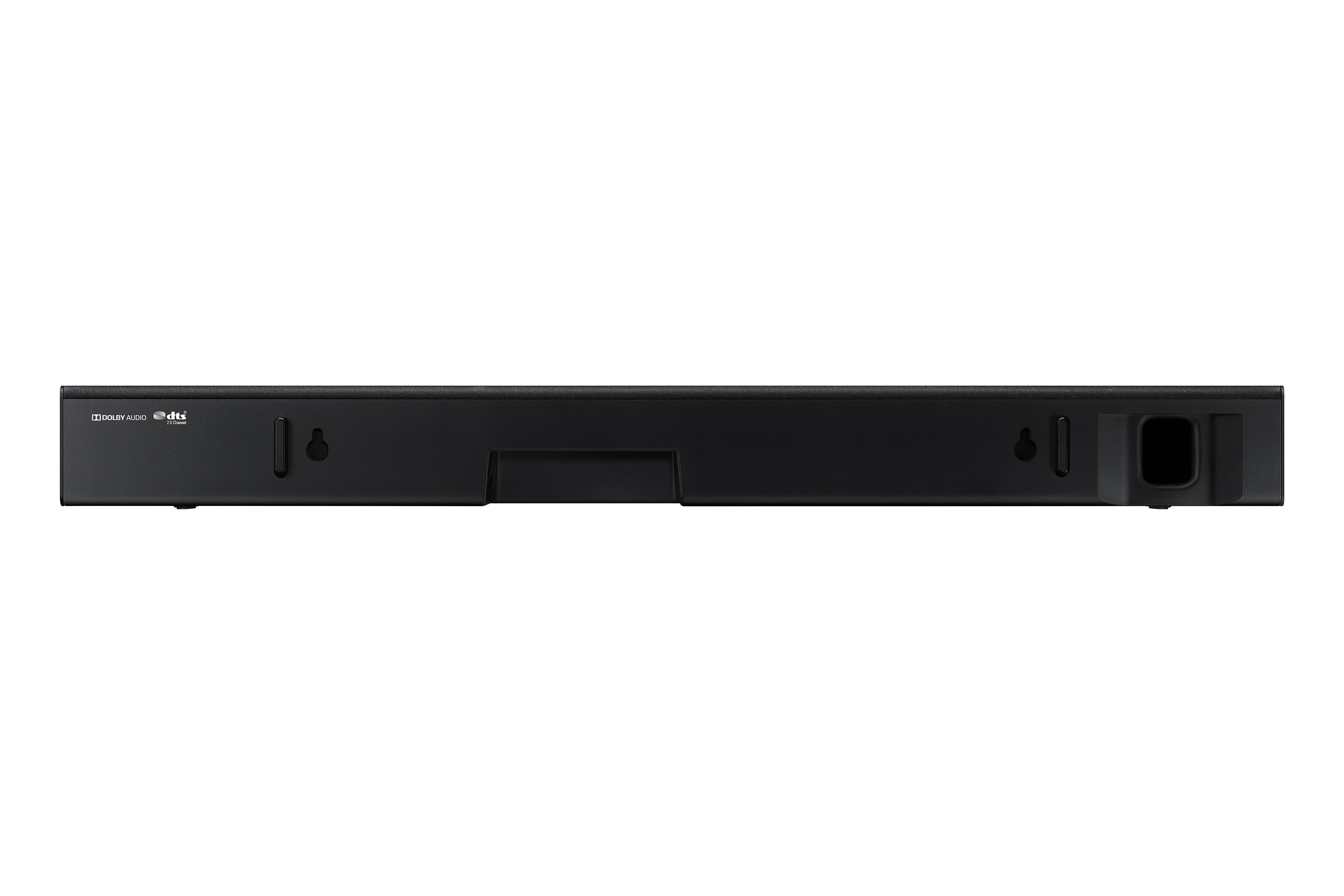 Eine schwarze Soundbar mit Logo und Befestigungspunkten auf weißem Hintergrund.