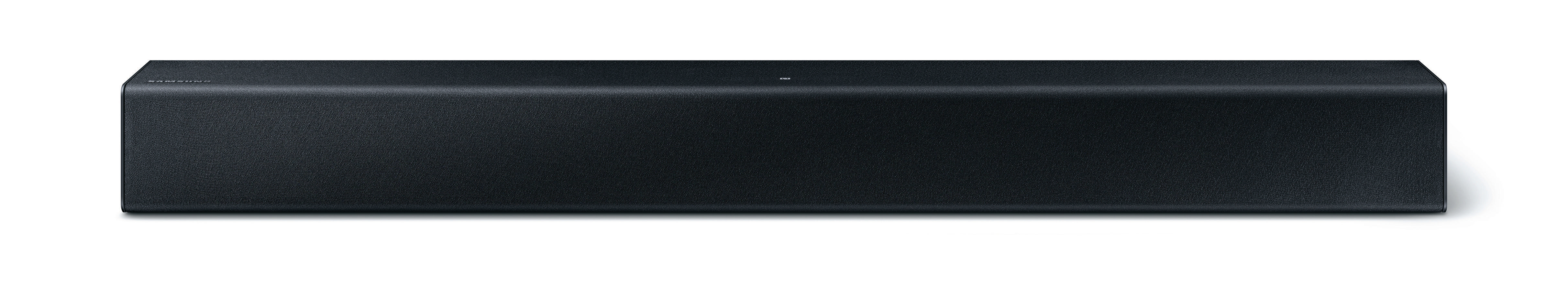 Eine schwarze Samsung Soundbar, ein langer rechteckiger Lautsprecher mit dem Markennamen oben.