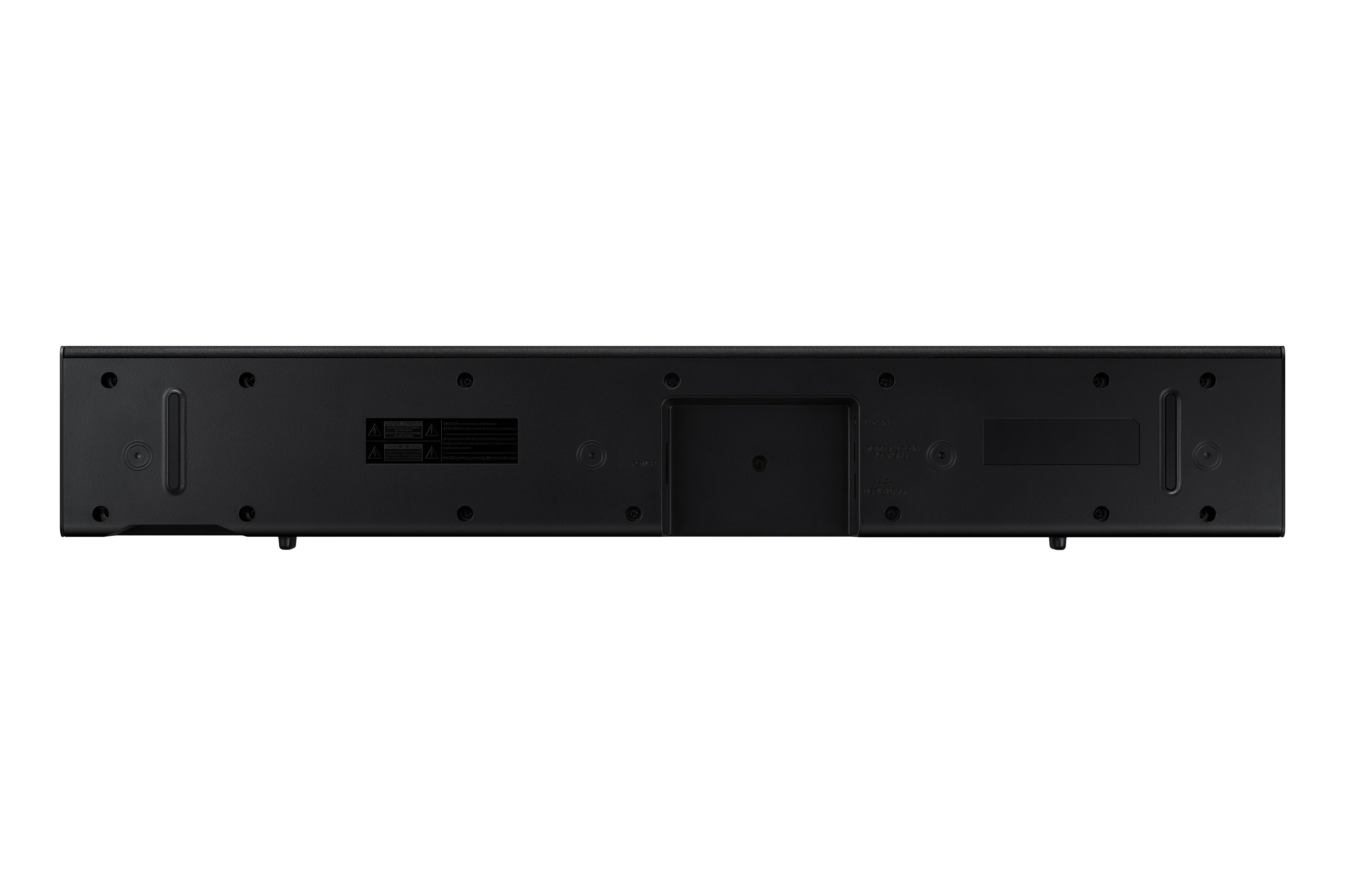 Schwarze Soundbar. Sie hat verschiedene Anschlüsse und Etiketten auf der Rückseite.