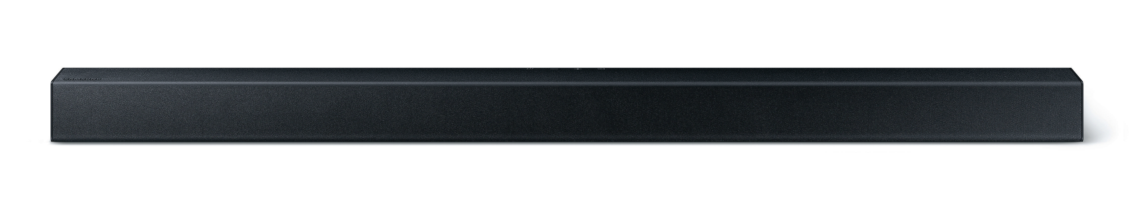 Eine schwarze Soundbar. Sie hat eine lange rechteckige Form. Die Soundbar steht vor weißem Hintergrund.