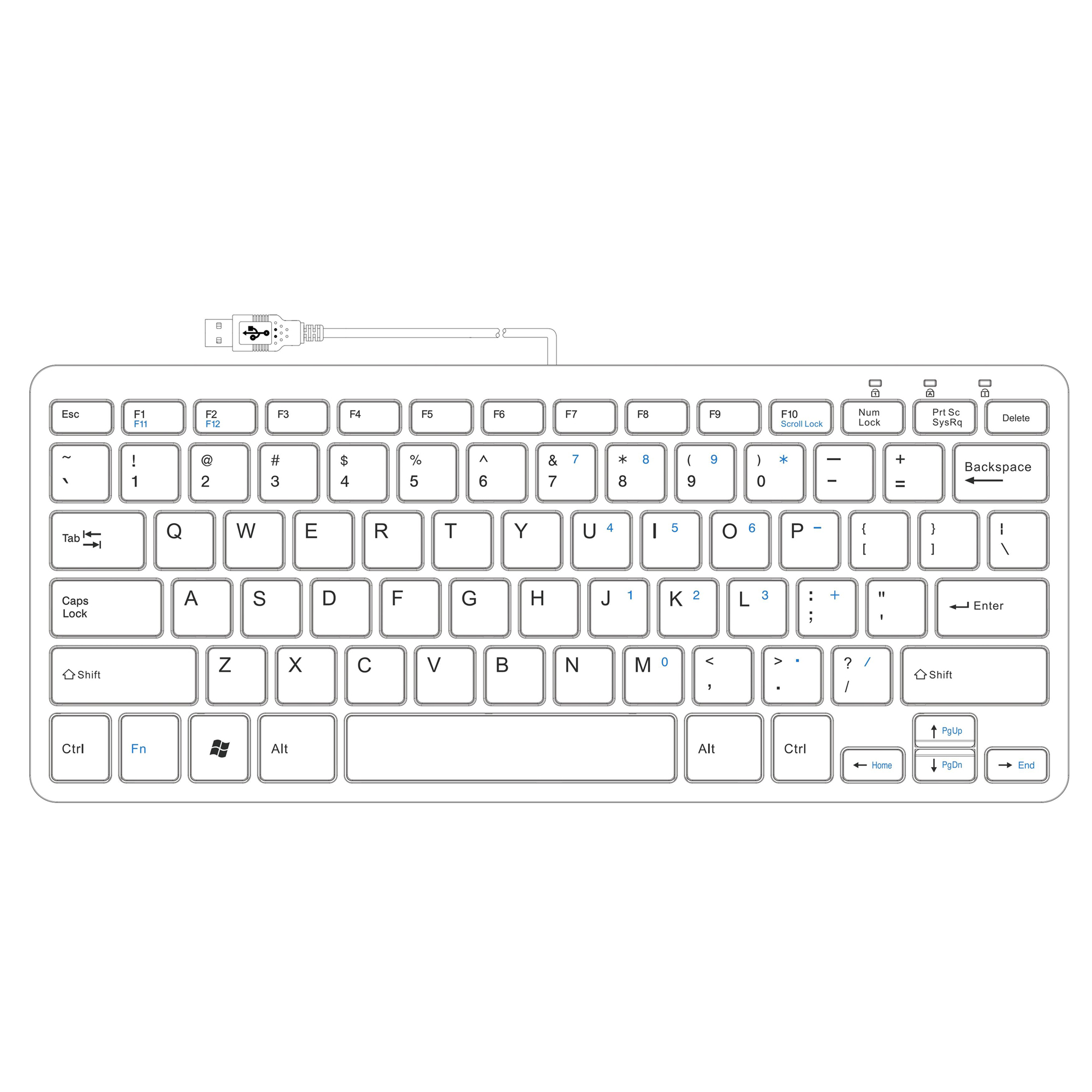 A white mini keyboard with a USB cable, with common keys and symbols.