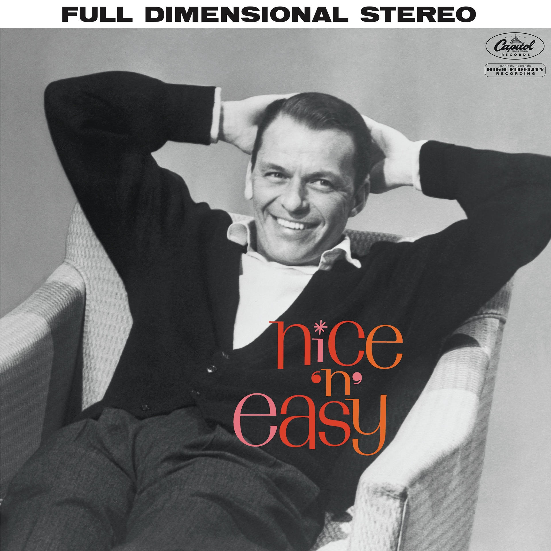 Albumhoes met Frank Sinatra, glimlachend in een stoel. De titel is 'Nice 'n' Easy' in rood en oranje.