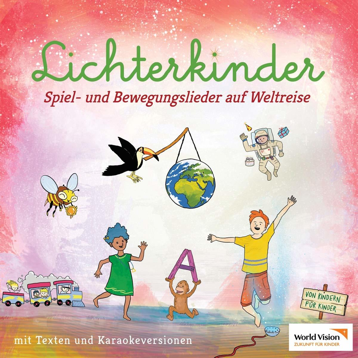 Buchcover mit Illustrationen von Kindern, Tieren und einem Zug, mit Text auf Deutsch. Helle Farben dominieren.