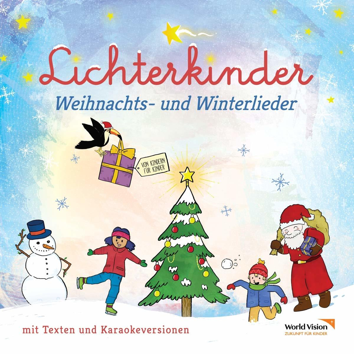 Illustration einer Weihnachtsszene mit Kindern, einem Schneemann, einem Weihnachtsmann und einem Weihnachtsbaum.
