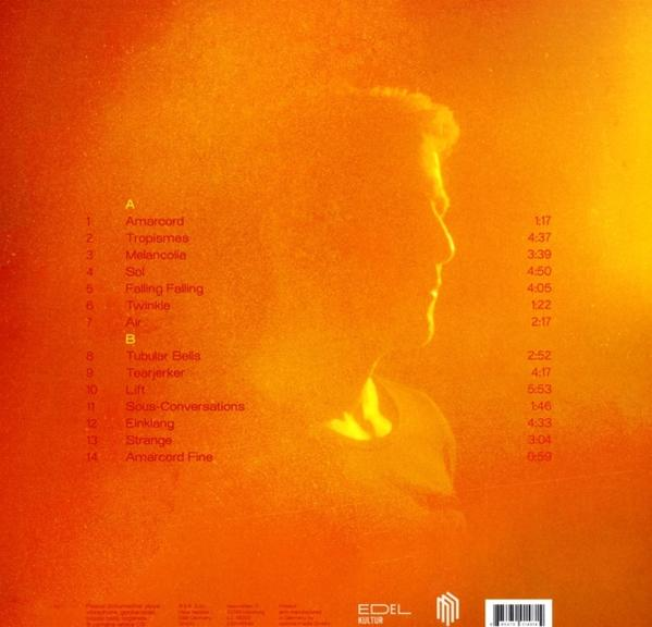 Albumcover mit einer Person im Schatten und einer Titelliste. Der Hintergrund ist orange und gelb.