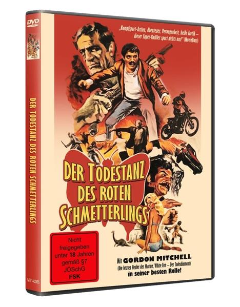 DVD-Cover für einen Film mit mehreren Figuren und Text auf Deutsch. Der Titel lautet 'Der Todestanz des Roten Schmetterlings'.
