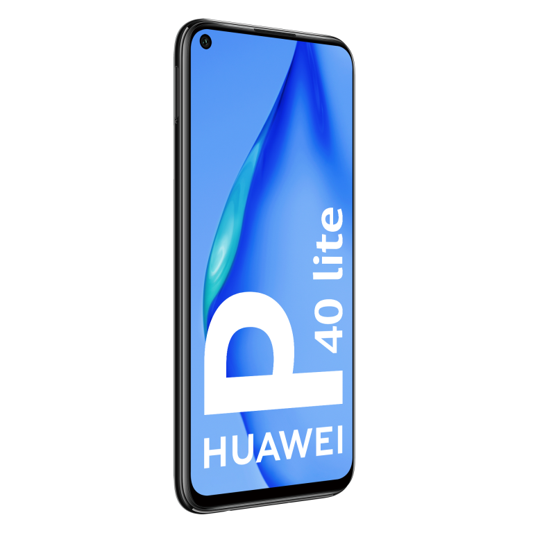 Teléfono Huawei P40 lite negro con pantalla azul sobre fondo negro.