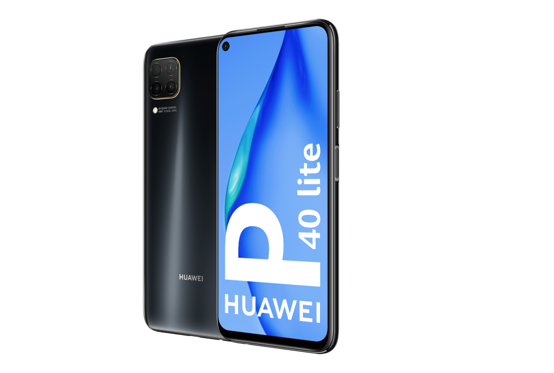 Smartphone Huawei P40 lite negro con pantalla azul, mostrando la parte trasera.