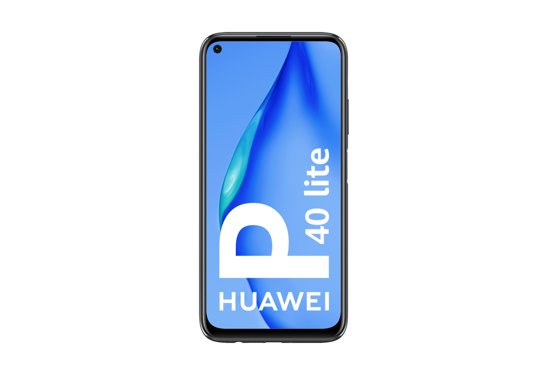 Un smartphone con pantalla azul muestra el texto HUAWEI P40 lite.