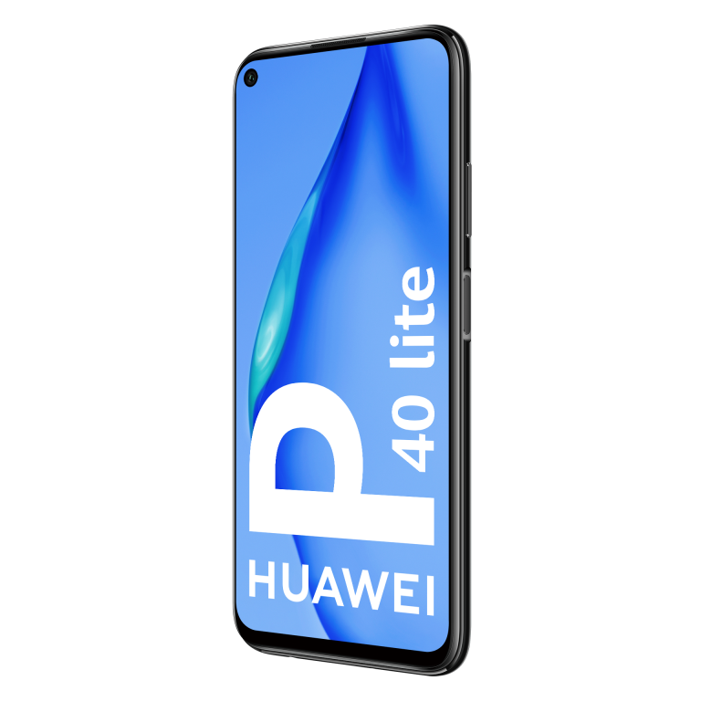 Un teléfono Huawei P40 lite negro con una pantalla azul que muestra texto.