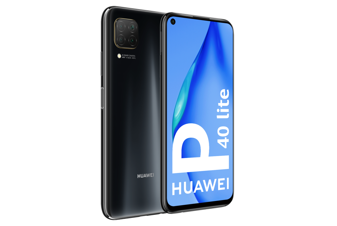 Teléfono inteligente Huawei P40 Lite negro, con dos vistas sobre fondo negro.