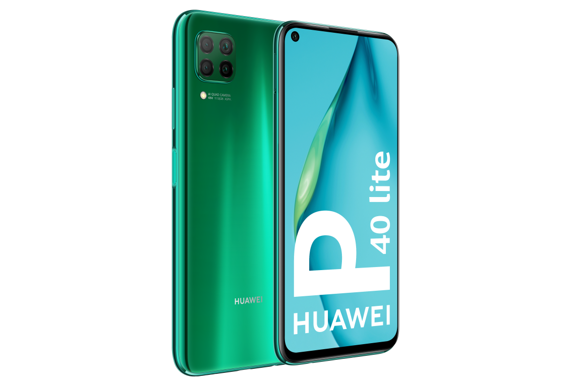 Un teléfono inteligente Huawei P40 Lite verde, mostrando la parte trasera y la pantalla con el logotipo Huawei.
