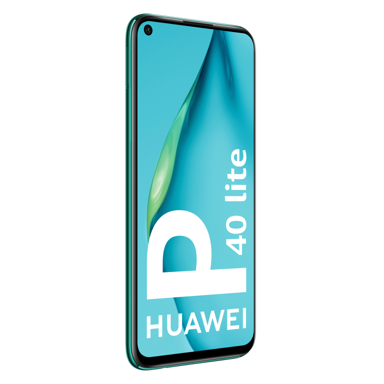 Un smartphone Huawei P40 lite verde sobre un fondo negro.