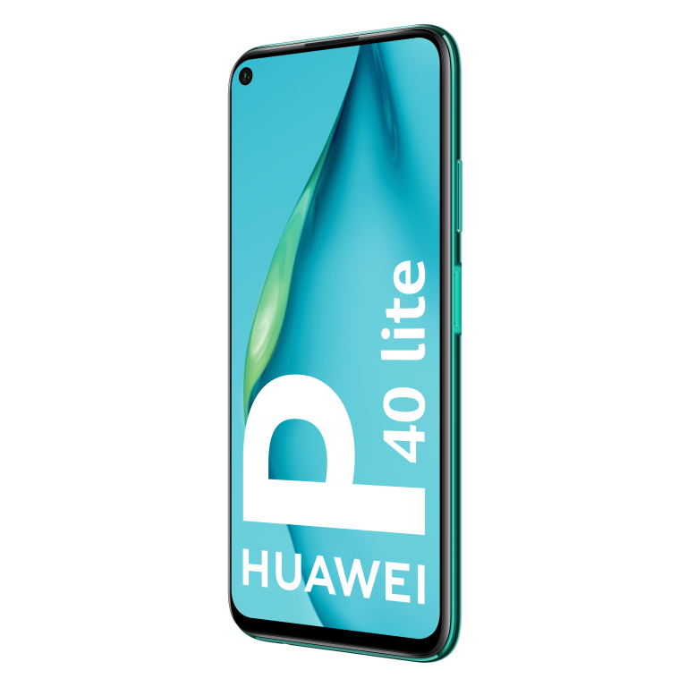 Un smartphone Huawei P40 lite verde con fondo turquesa.