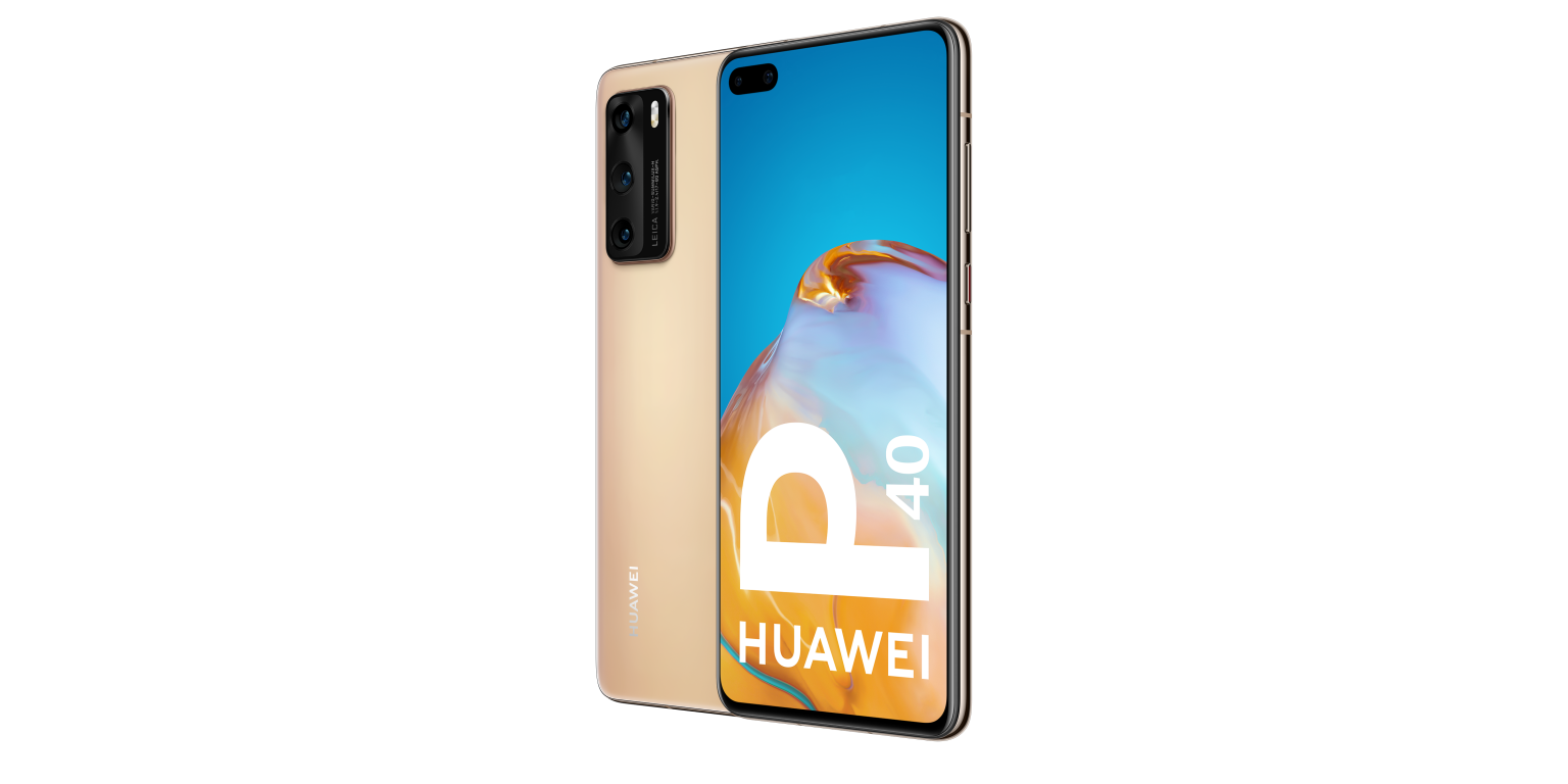 Un teléfono inteligente Huawei P40 dorado, vista trasera y frontal, fondo negro.